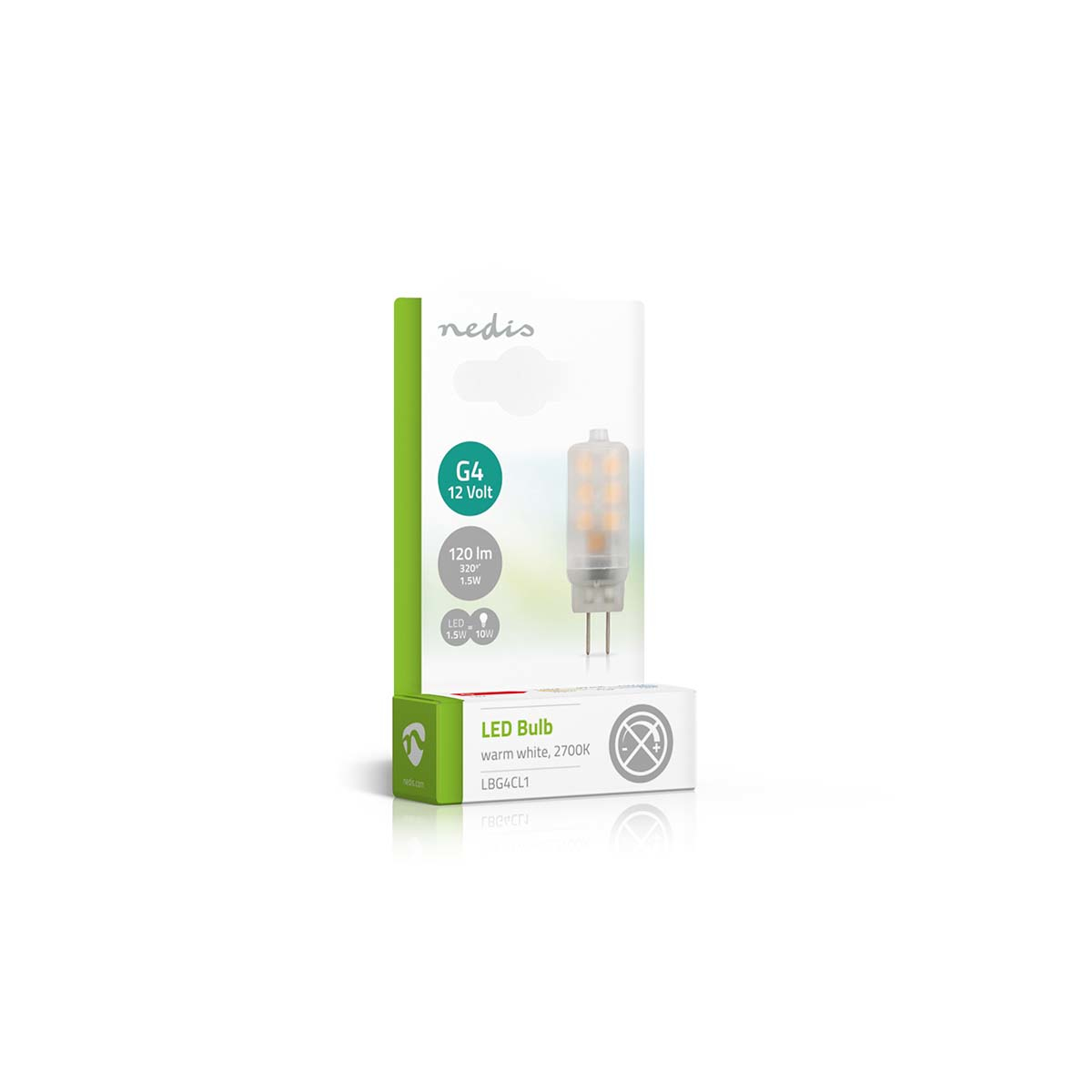 Una caja de producto con una bombilla LED dentro. El embalaje es blanco y verde. La bombilla es visible y emite luz.