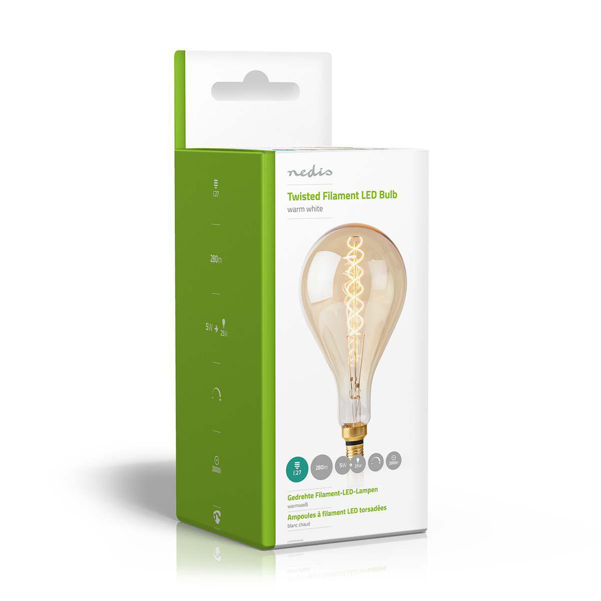 A box displays a Twisted Filament LED Bulb. The bulb is golden with a spiral filament. The box is white and green.