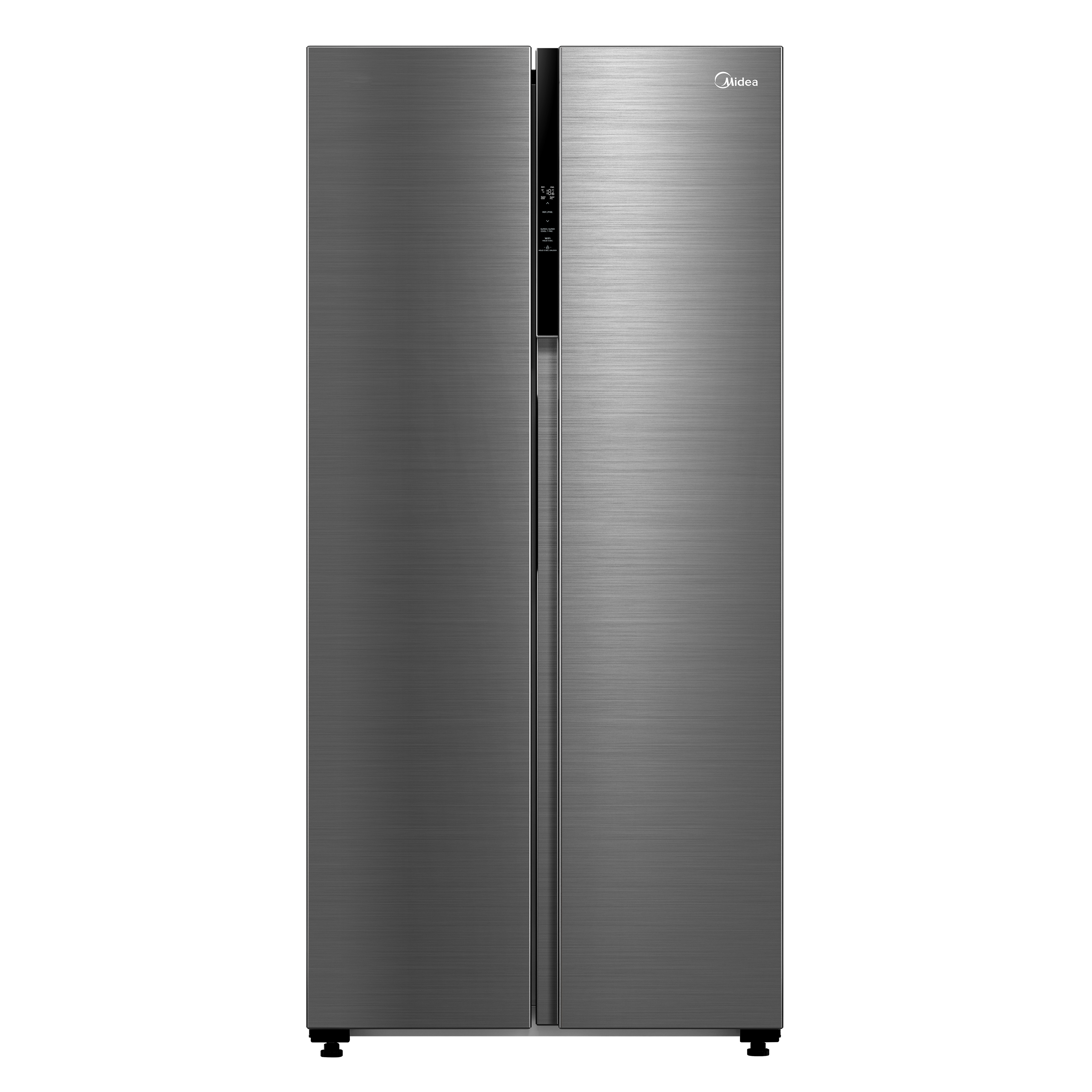 Un refrigerador gris Midea de lado a lado. Tiene un panel de control negro y un acabado metálico cepillado.