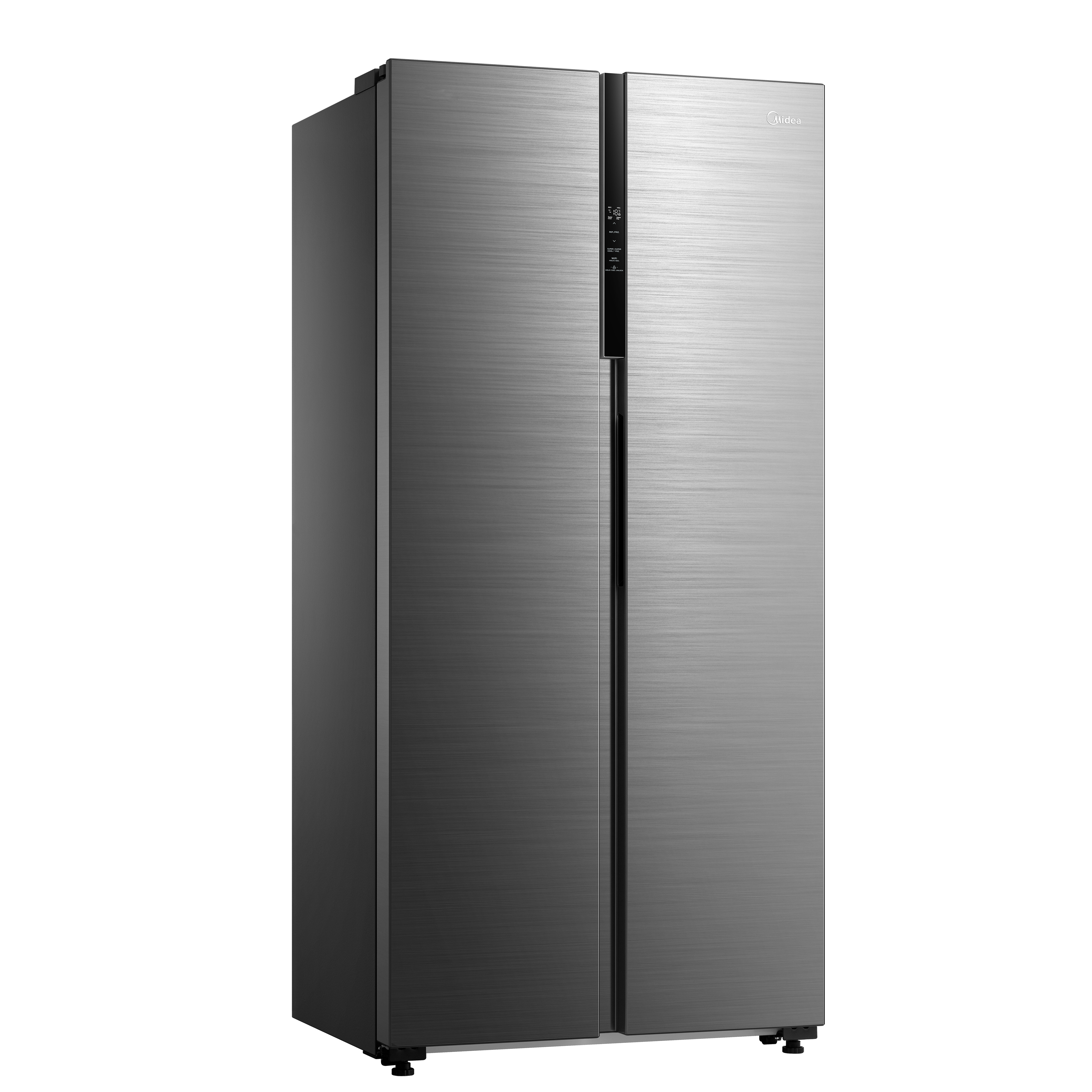 Un refrigerador Midea lado a lado de acero inoxidable sobre un fondo blanco. Tiene dos puertas y una pantalla digital.