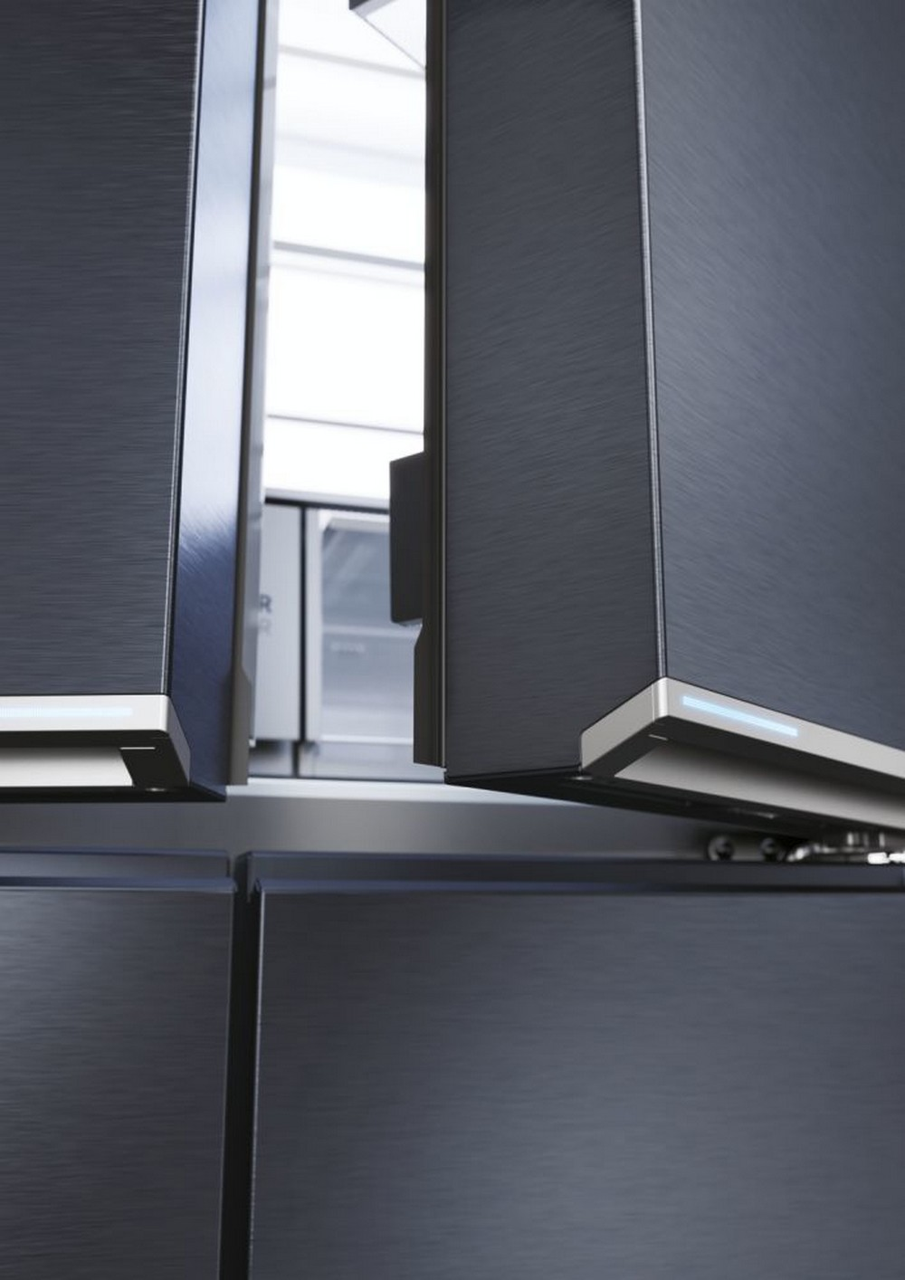 Modern dark refrigerator doors are open, revealing the interior. Metallic finish with silver accents. Bright light shines from inside.
