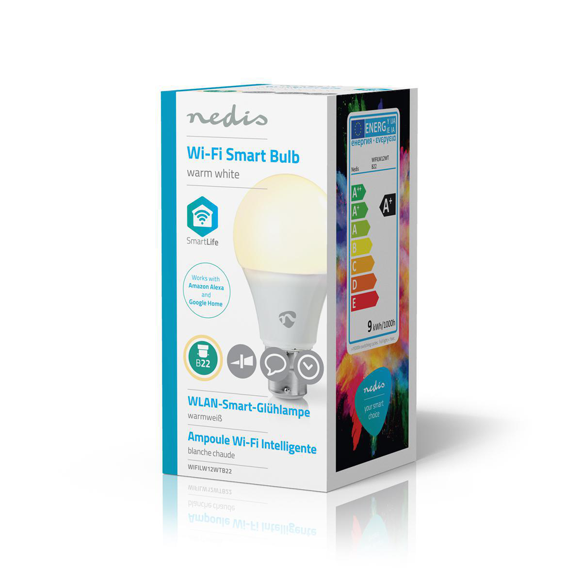Scatola di una lampadina intelligente Wi-Fi. La scatola è bianca, con un'immagine della lampadina e del testo. Visualizza informazioni sull'efficienza energetica.