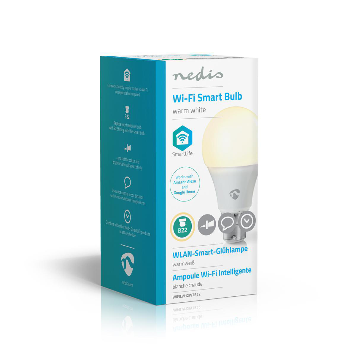 Una scatola di lampadina intelligente Wi-Fi Nedis. Mostra il prodotto, le sue caratteristiche e la compatibilità con Amazon Alexa e Google Home.