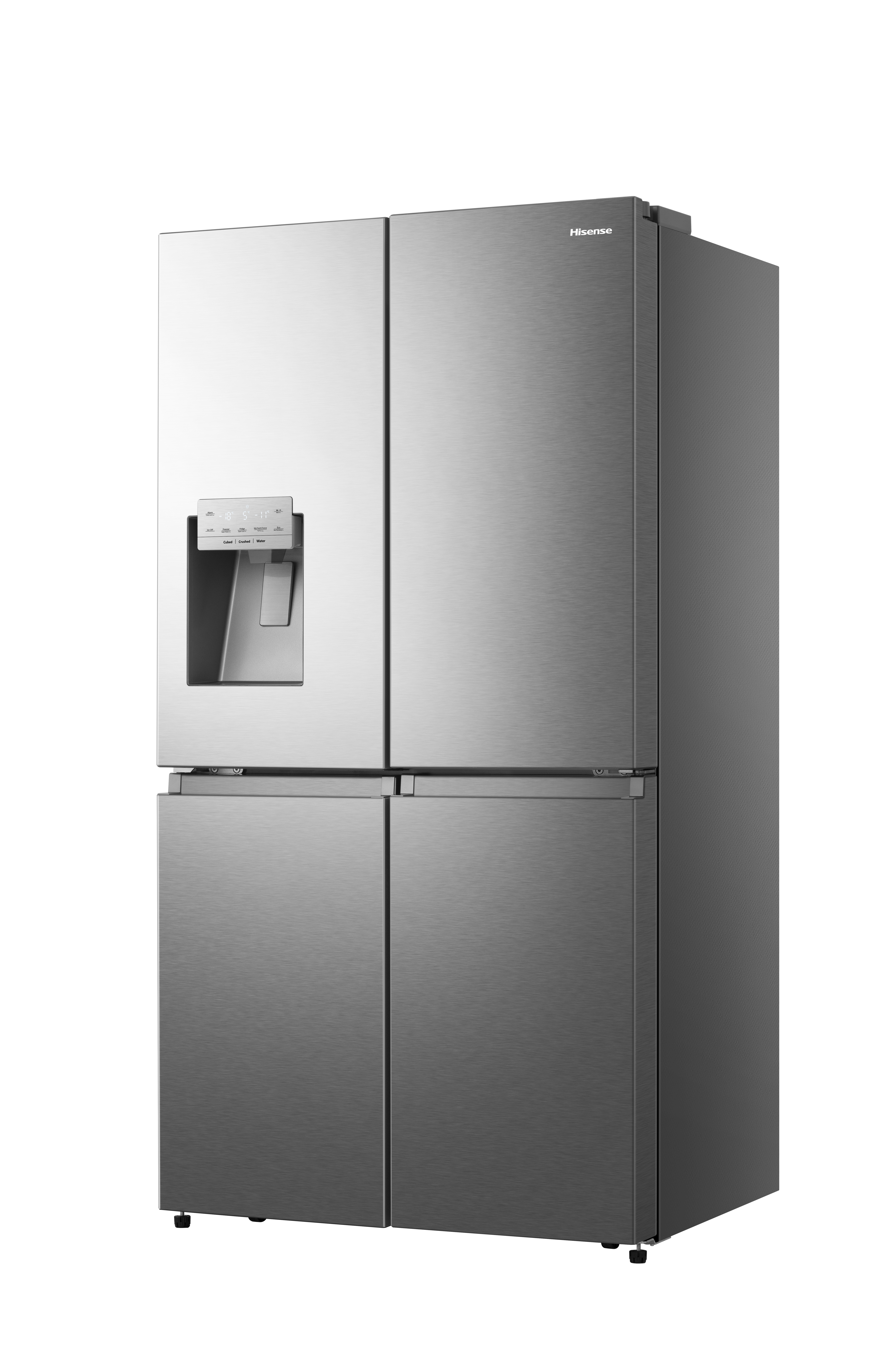 Lodówka Hisense ze stali nierdzewnej z czterema drzwiami, dozownikiem wody i logo Hisense.