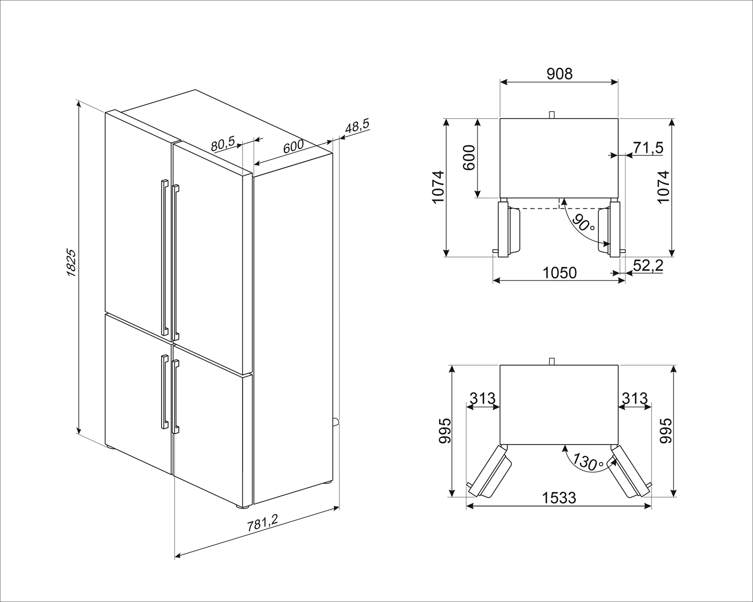 Dibujo técnico de un refrigerador, con dimensiones. Se muestran la vista frontal, superior y lateral con medidas.