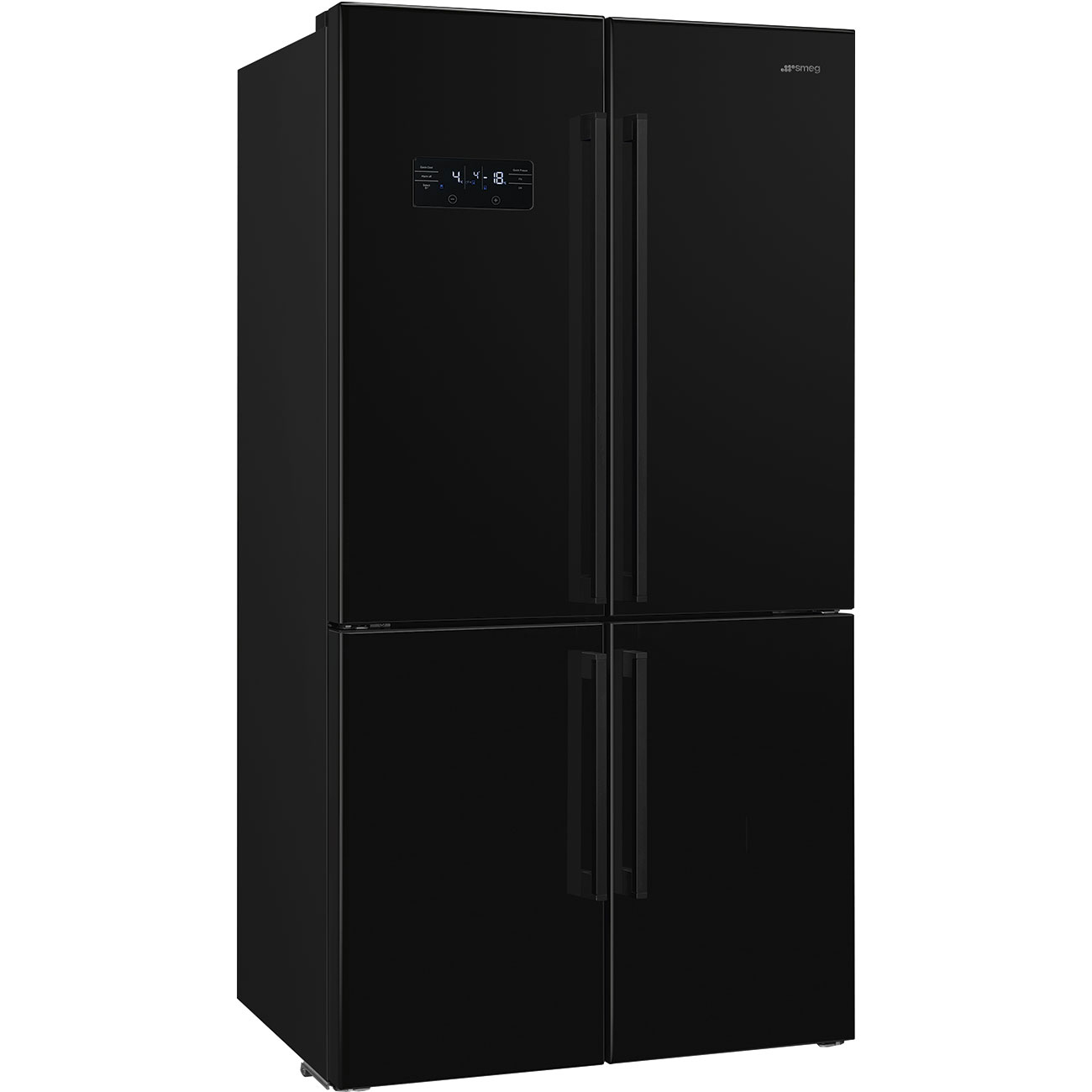 Un refrigerador Smeg negro con cuatro puertas. Tiene pantalla digital y manijas. La marca es visible arriba a la derecha.