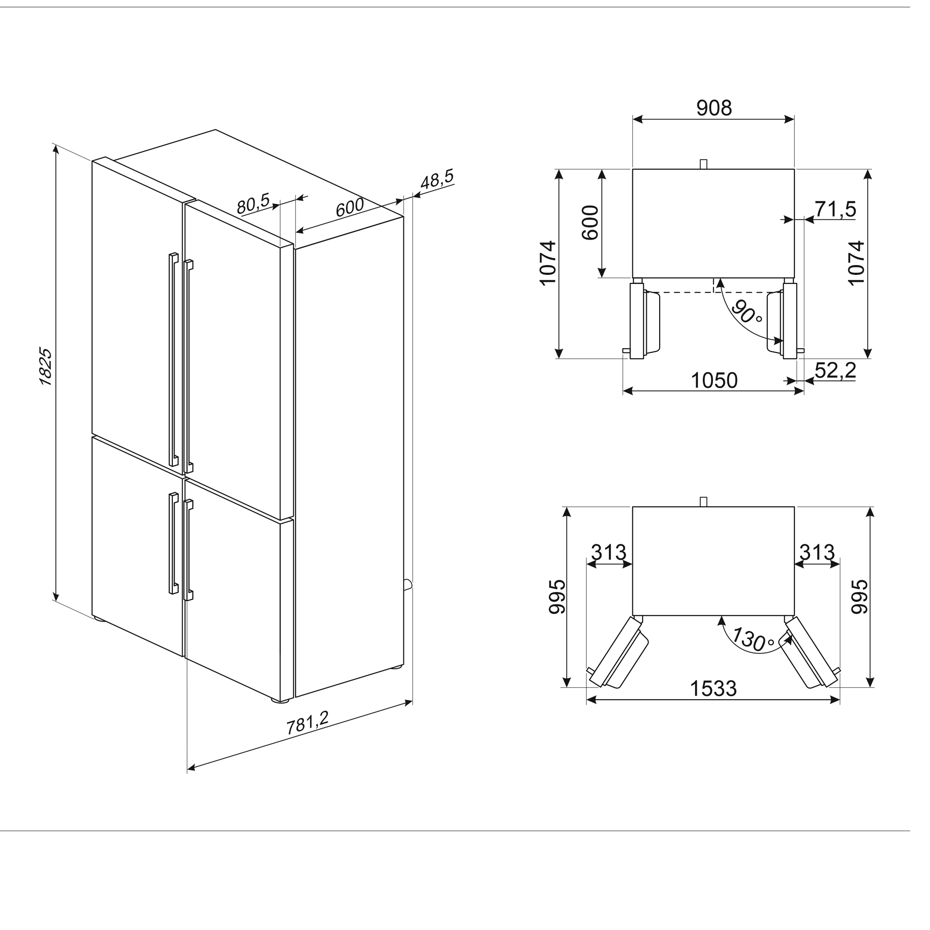 Diagrama que muestra un refrigerador con dimensiones en milímetros. También muestra la vista lateral y superior con medidas.