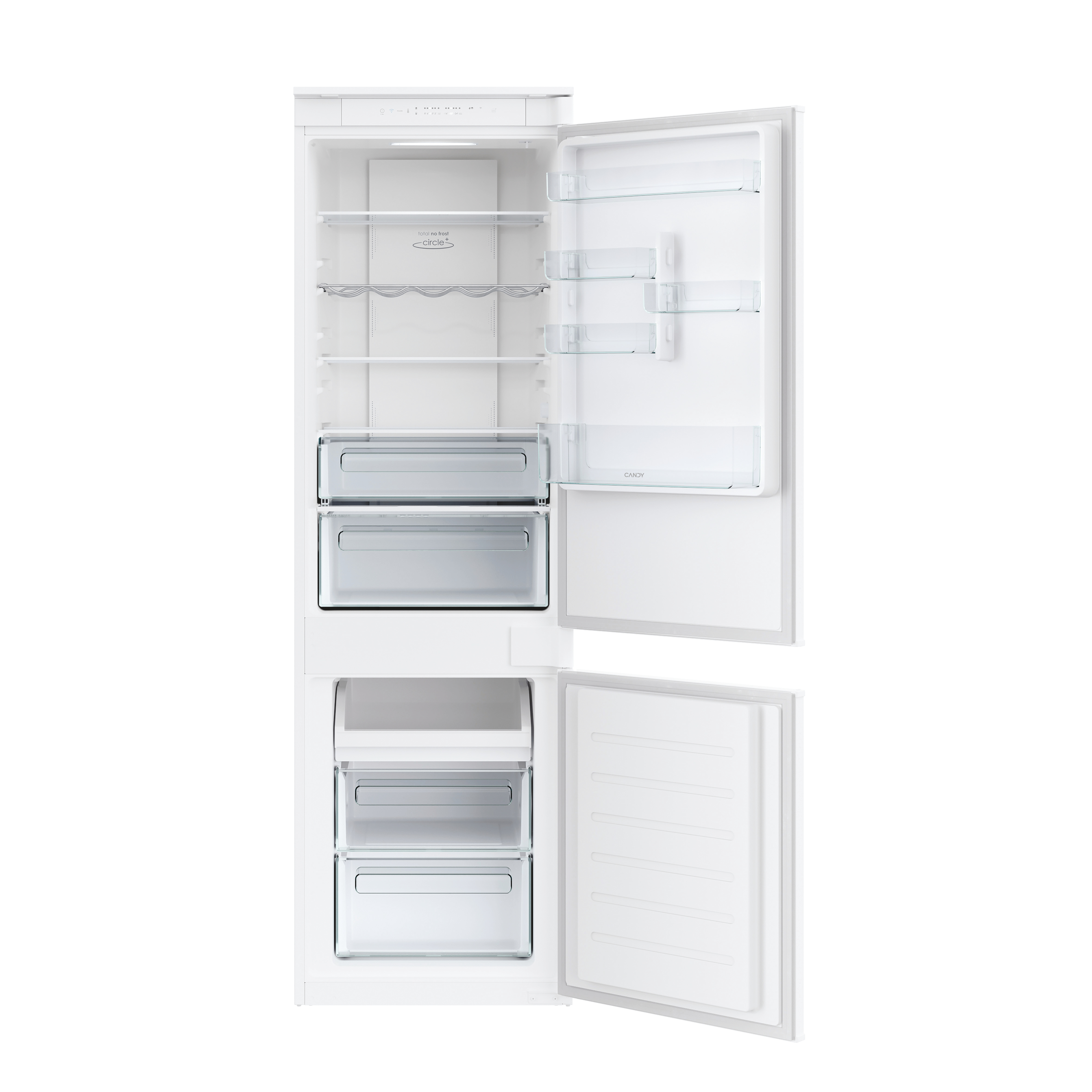 Un frigorifero bianco con due porte aperte. L'interno mostra ripiani, cassetti e il marchio 'Candy'.