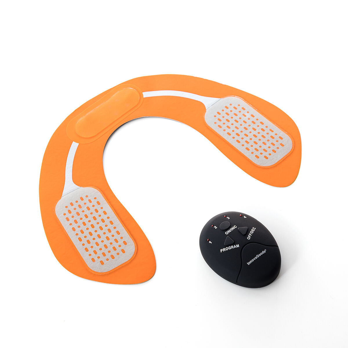 Un elettrostimolatore arancione con elettrodi bianchi e un telecomando nero.