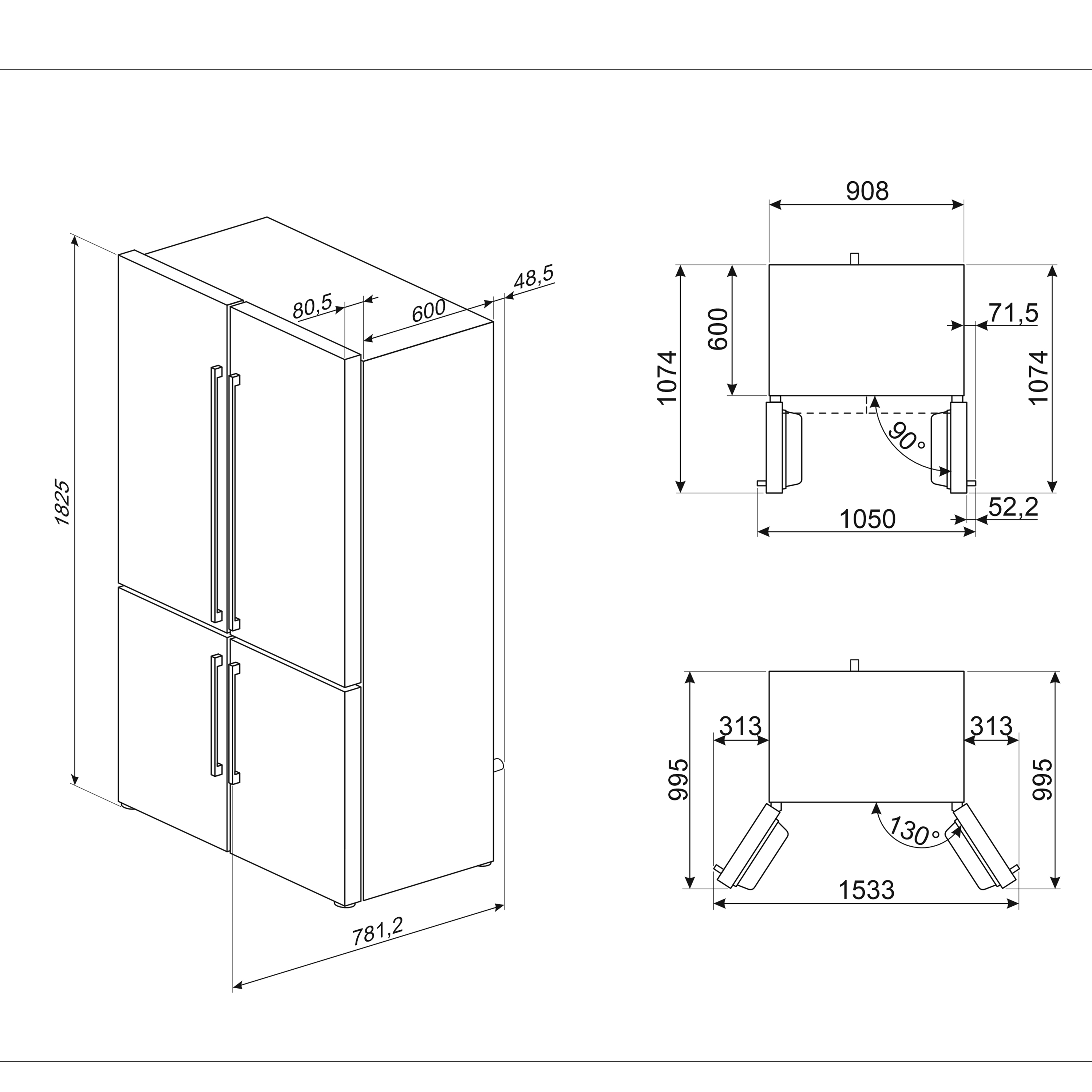 Technische tekening van een koelkast met afmetingen. Inclusief voor- en zijaanzichten met maten in millimeters.