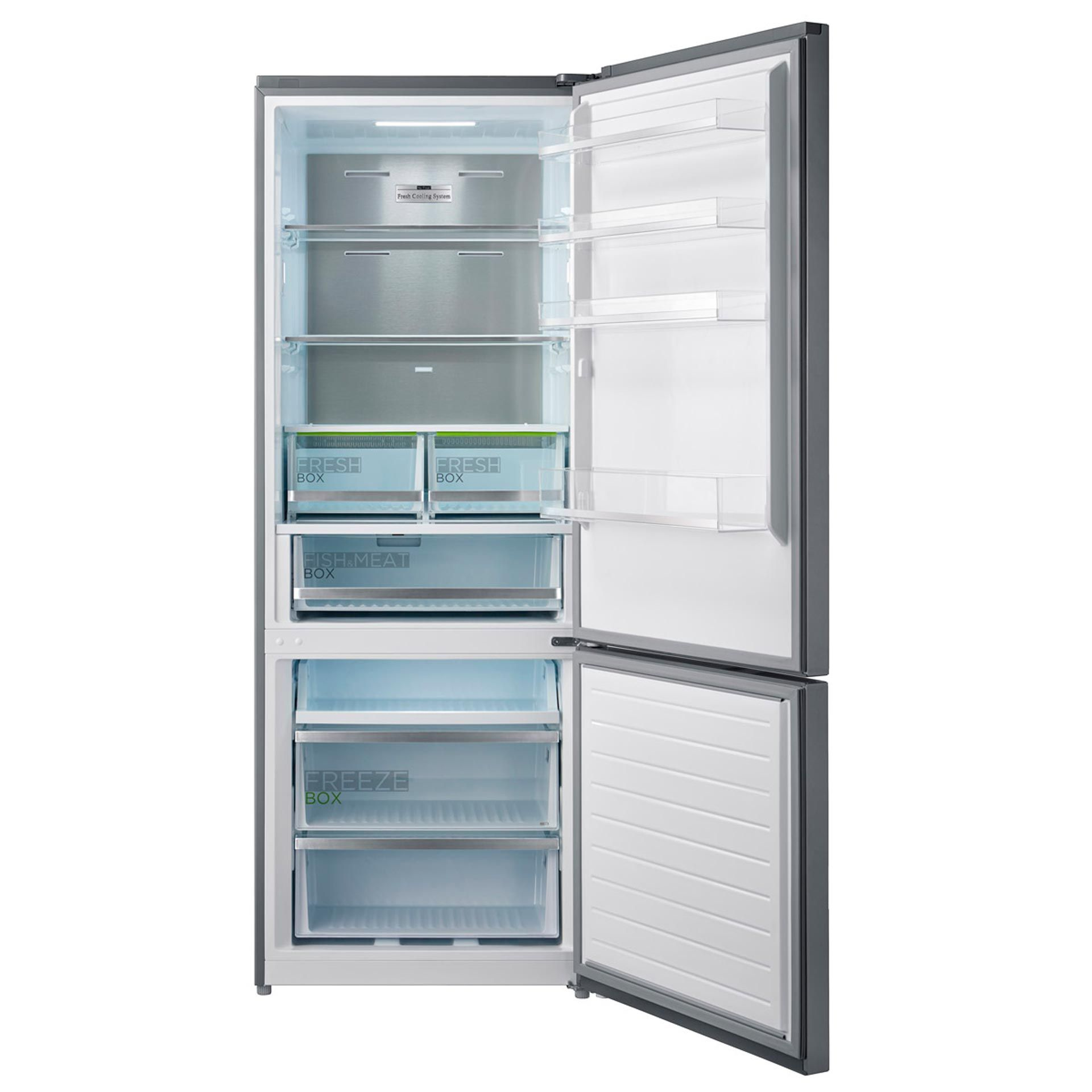 Frigorifero aperto con porta aperta. All'interno ci sono ripiani, cassetti e scatole con l'etichetta 'Fresh Box', 'Fish & Meat Box' e 'Freeze Box'.