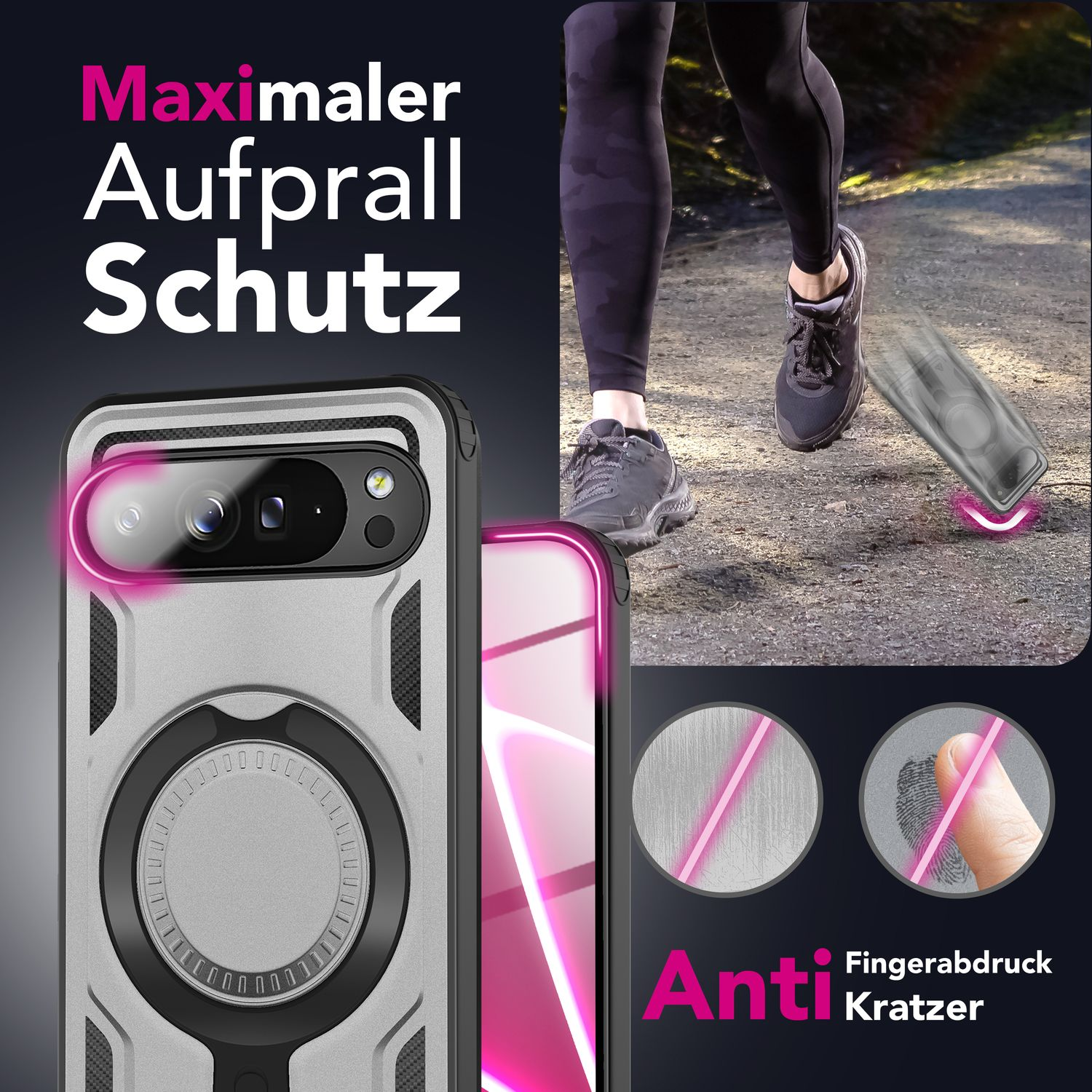 Das Bild zeigt eine Handyhülle mit einem Läufer im Hintergrund. Der Text lautet 'Maximaler Aufprall Schutz' und 'Anti Fingerabdruck Kratzer'.