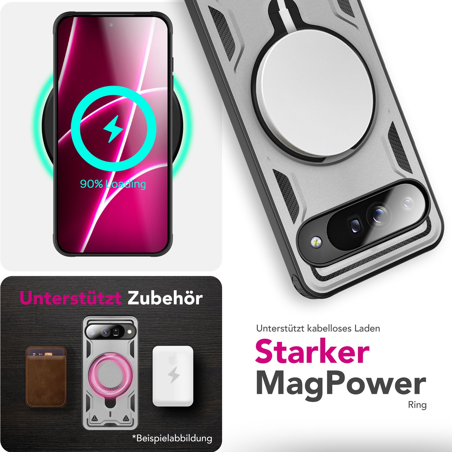 Ein Telefon, das kabellos geladen wird, eine Handyhülle und Zubehör werden angezeigt. Das Telefon zeigt 90 % Ladevorgang an. Text lautet 'Starker MagPower'.