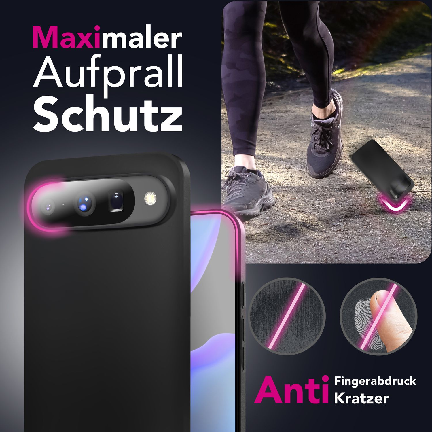 L'immagine mostra una custodia per telefono con protezione dagli urti, le gambe di un corridore e un primo piano della resistenza alle impronte digitali e ai graffi.