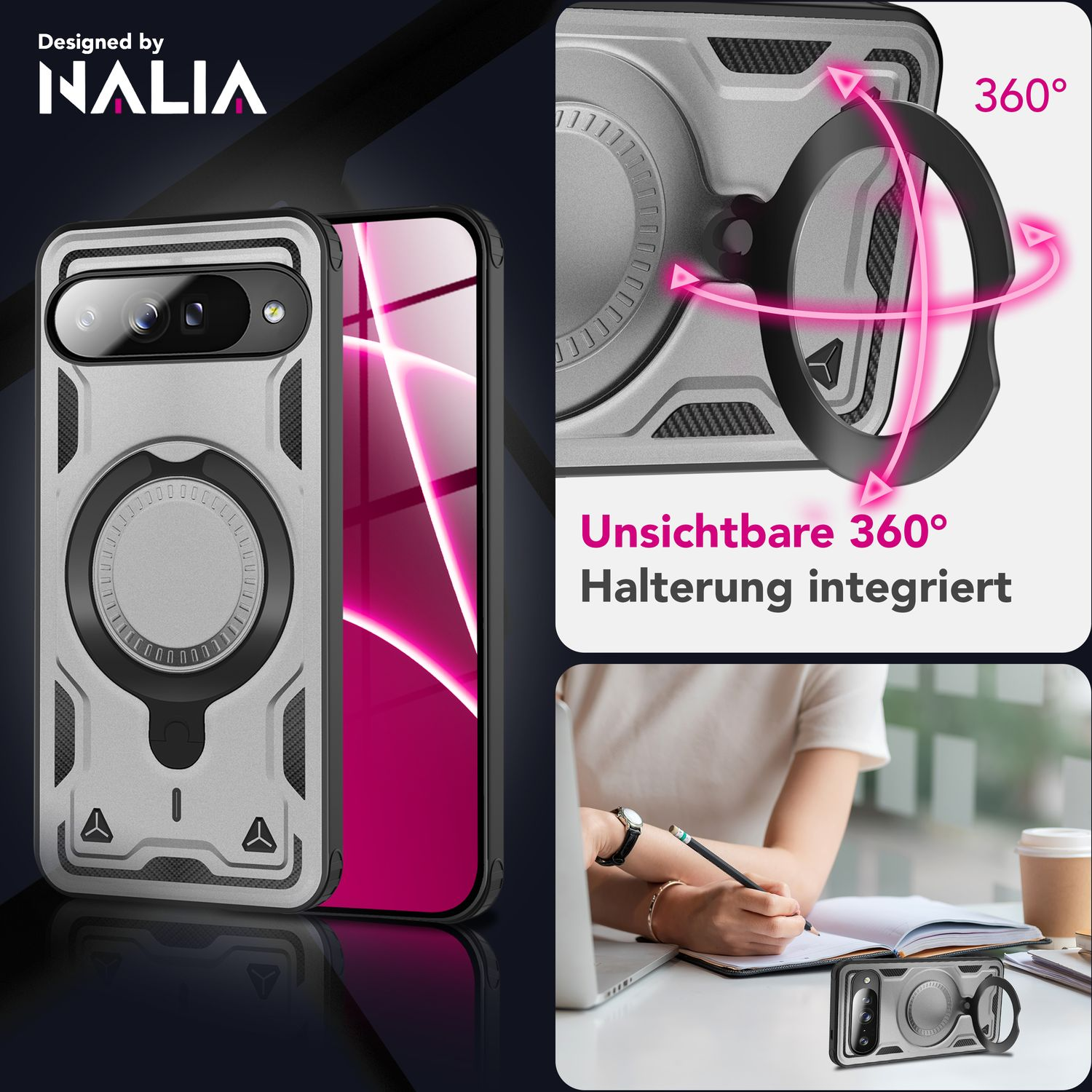 Gezeigt wird eine Handyhülle. Sie verfügt über einen 360-Grad-Drehring und einen Halter. Der Hintergrund zeigt eine Person bei der Arbeit.