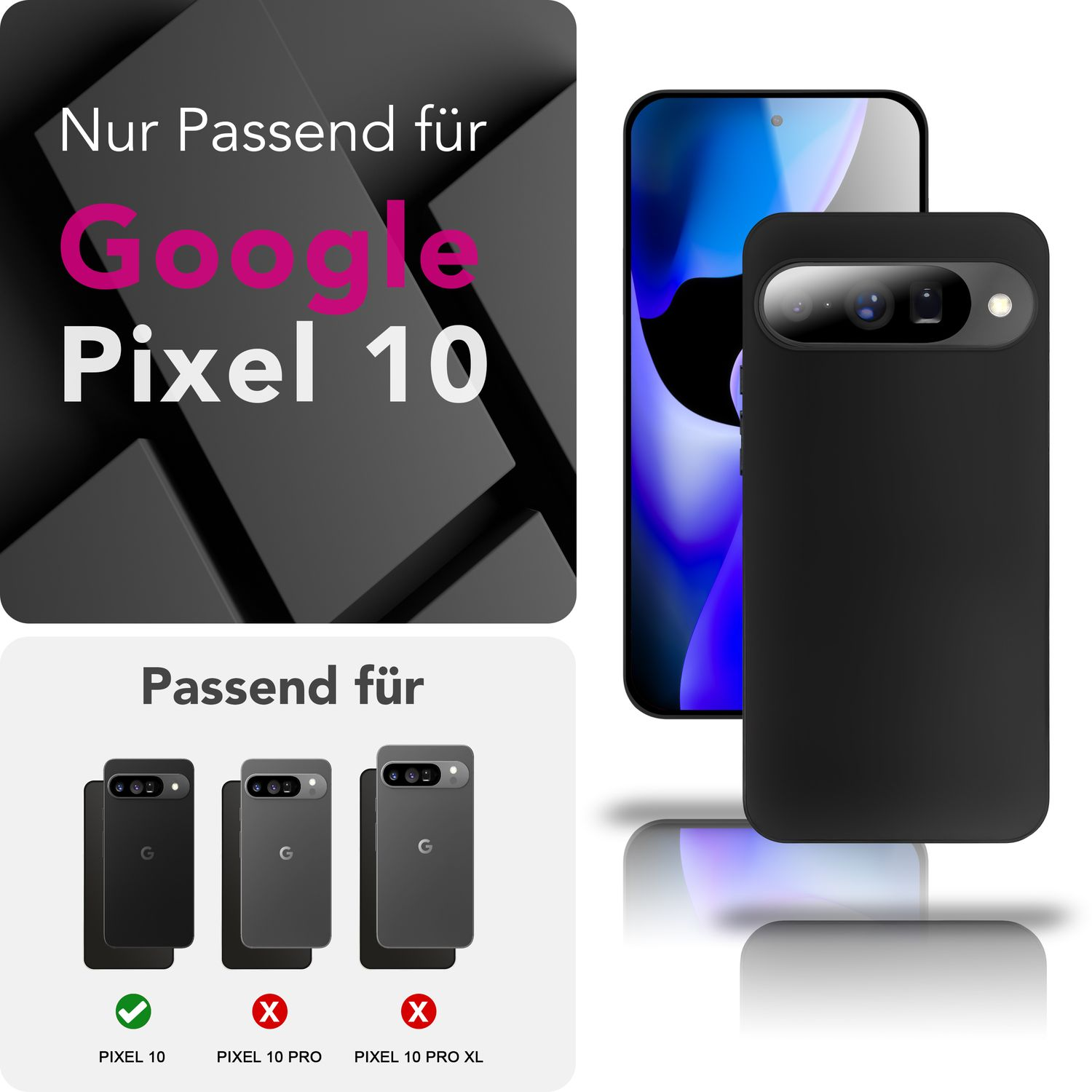 Custodia nera per Google Pixel 10. La custodia e il telefono sono su sfondo bianco. Il testo indica compatibilità e incompatibilità.