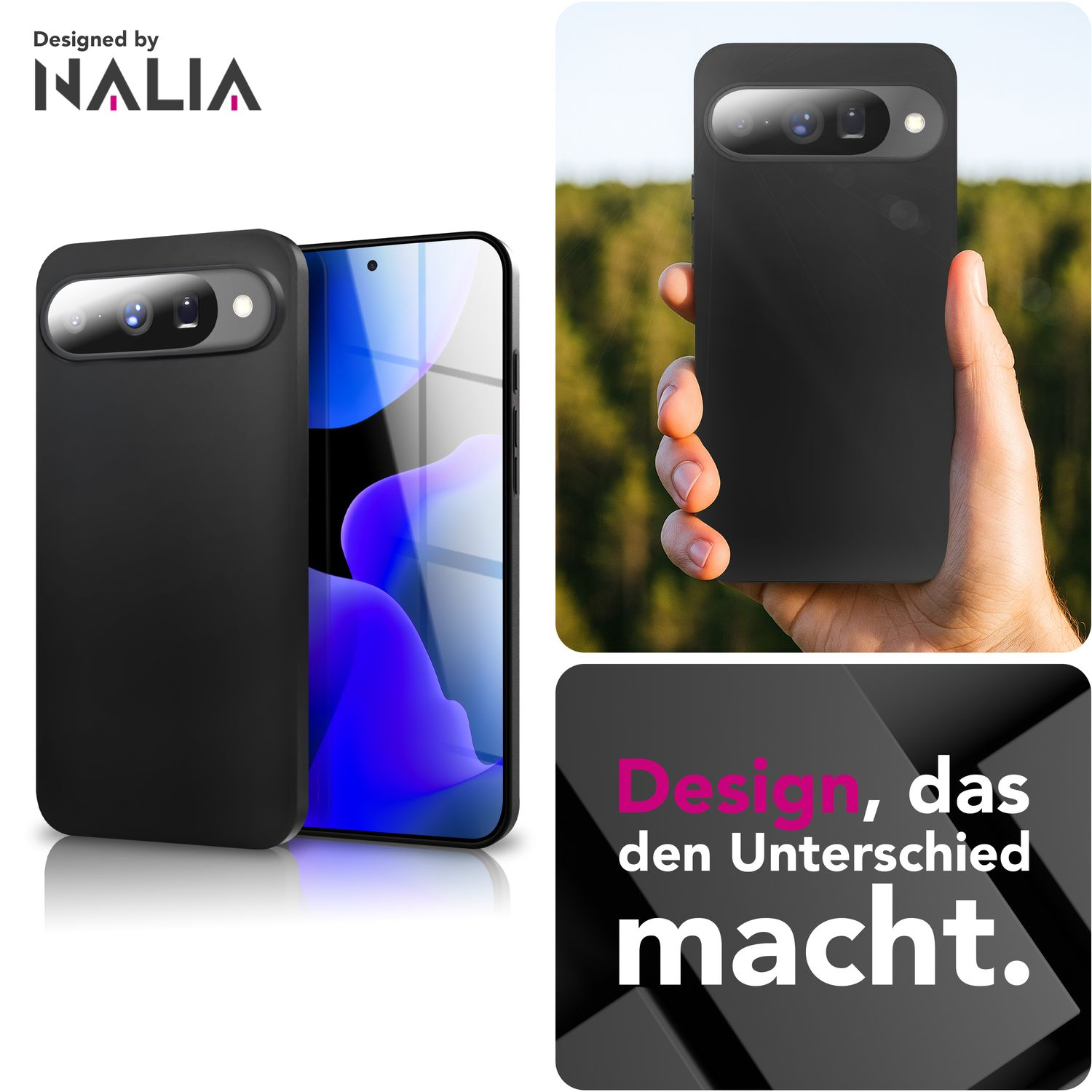 Custodia nera e schermo del telefono. Mano che tiene il telefono con la custodia. Testo: Design che fa la differenza.