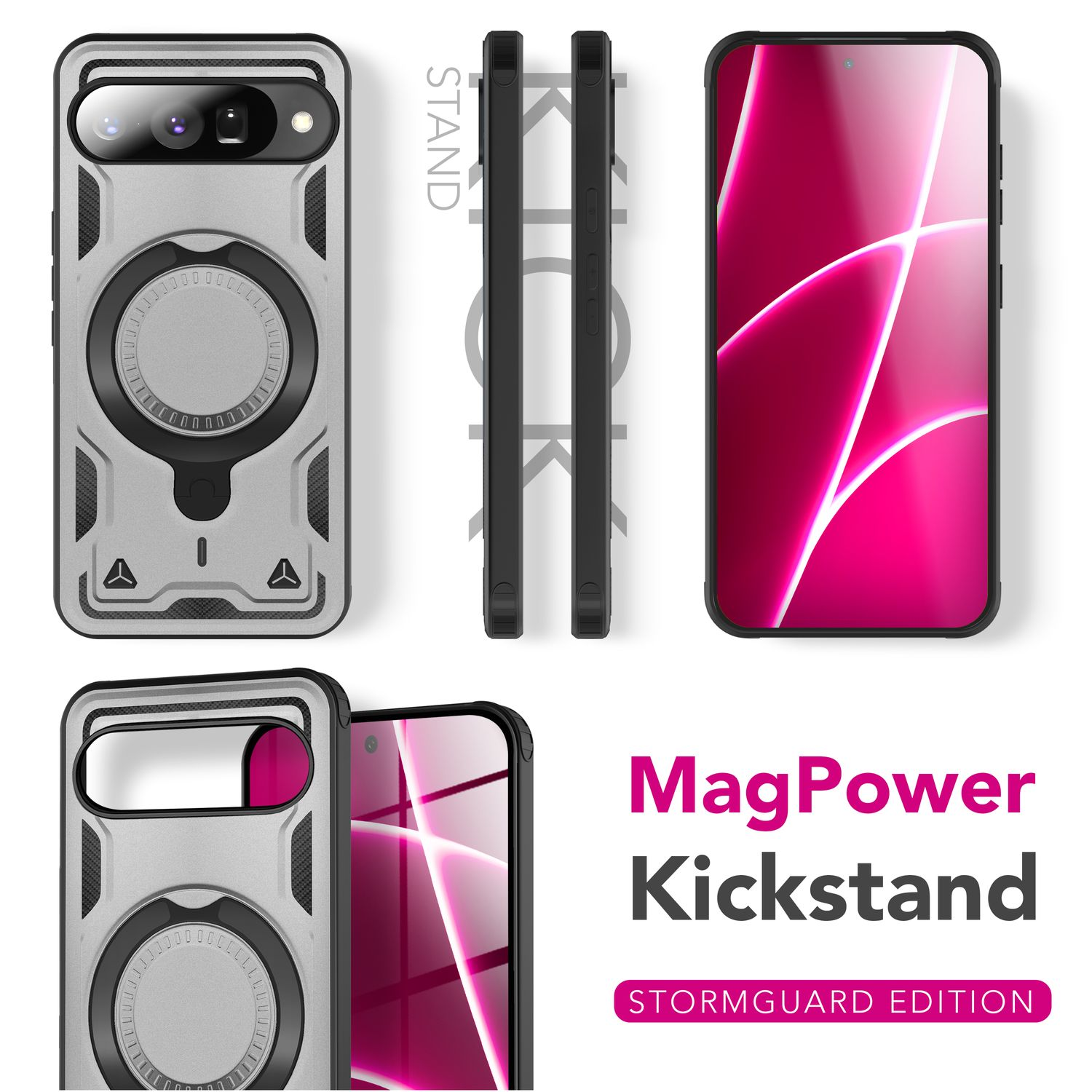 Das Bild zeigt eine Handyhülle mit Ständer, ein Telefon mit pinkfarbenem Bildschirm und den Text "MagPower Kickstand STORMGUARD EDITION."
