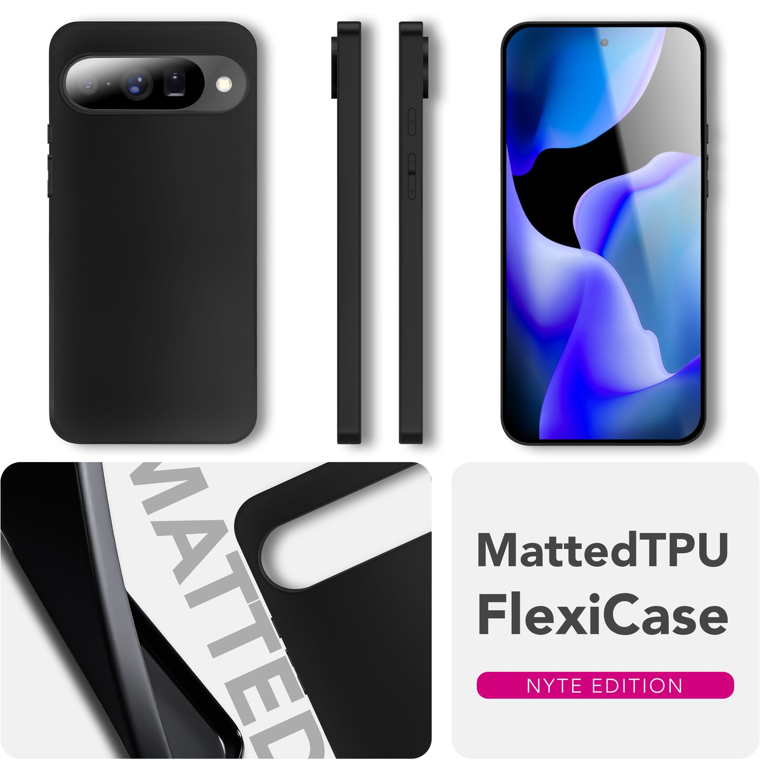 Custodia e telefono neri, con viste laterali. Una scheda bianca mostra parti della parola 'MATTED'. Testo: 'FlexiCase' e 'NYTE EDITION'.