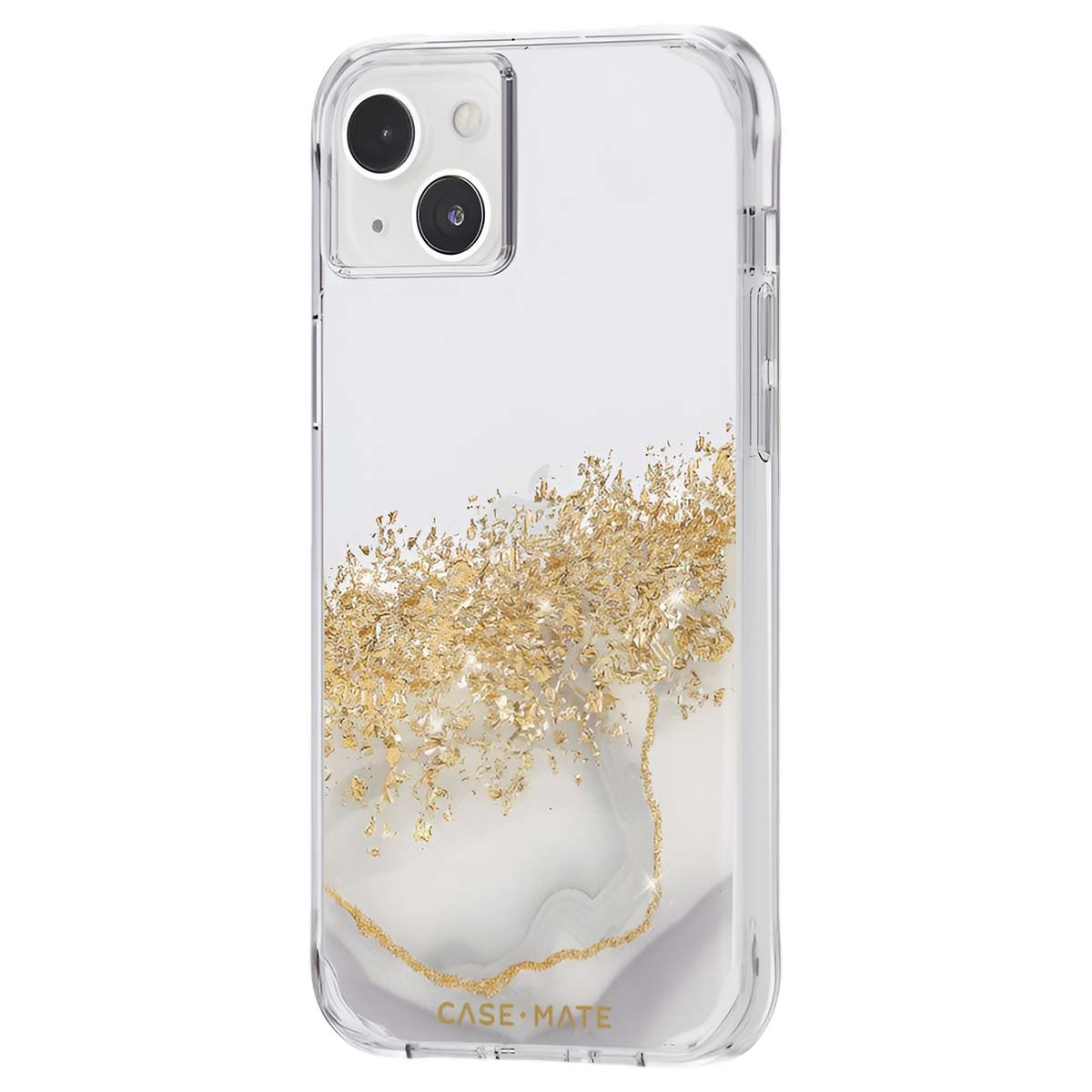 Custodia trasparente per iPhone con design a scaglie d'oro ed effetto marmo in basso. La custodia ha un bordo trasparente e il marchio 'CASE MATE'.