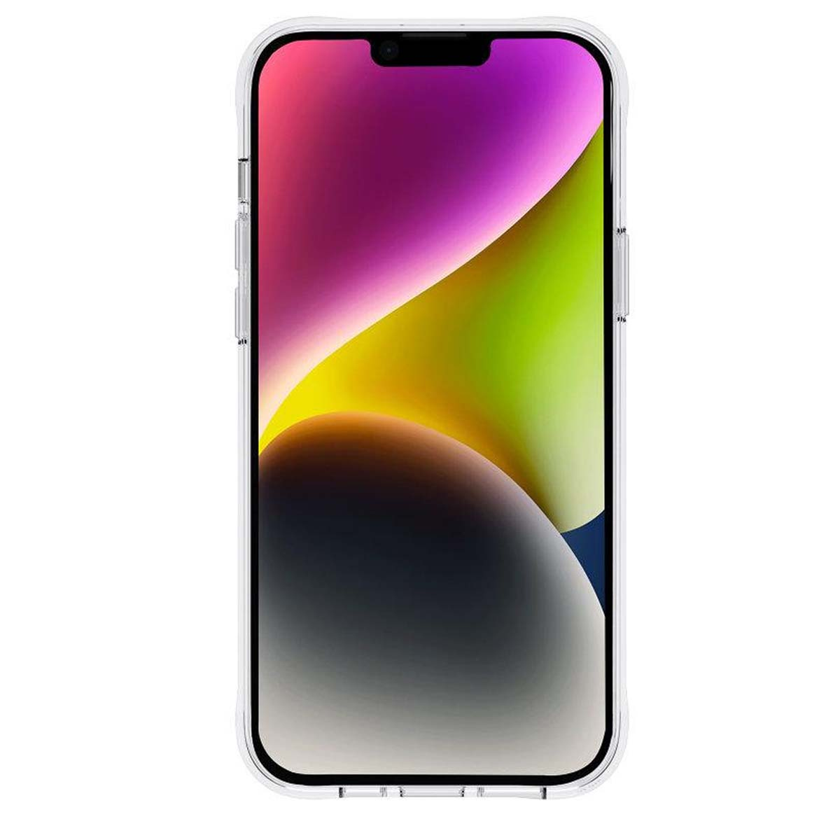Uno smartphone con schermo sfumato colorato, racchiuso in una custodia protettiva trasparente. Lo schermo mostra tonalità viola, gialle, verdi e nere.