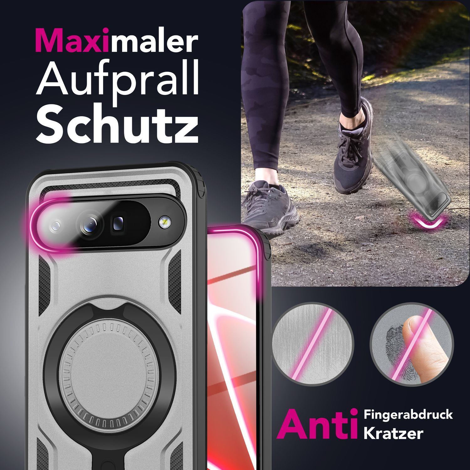 L'immagine mostra una custodia per telefono, un corridore e caratteristiche antigraffio. Il testo recita 'Maximaler Aufprall Schutz' e 'Anti Kratzer'.
