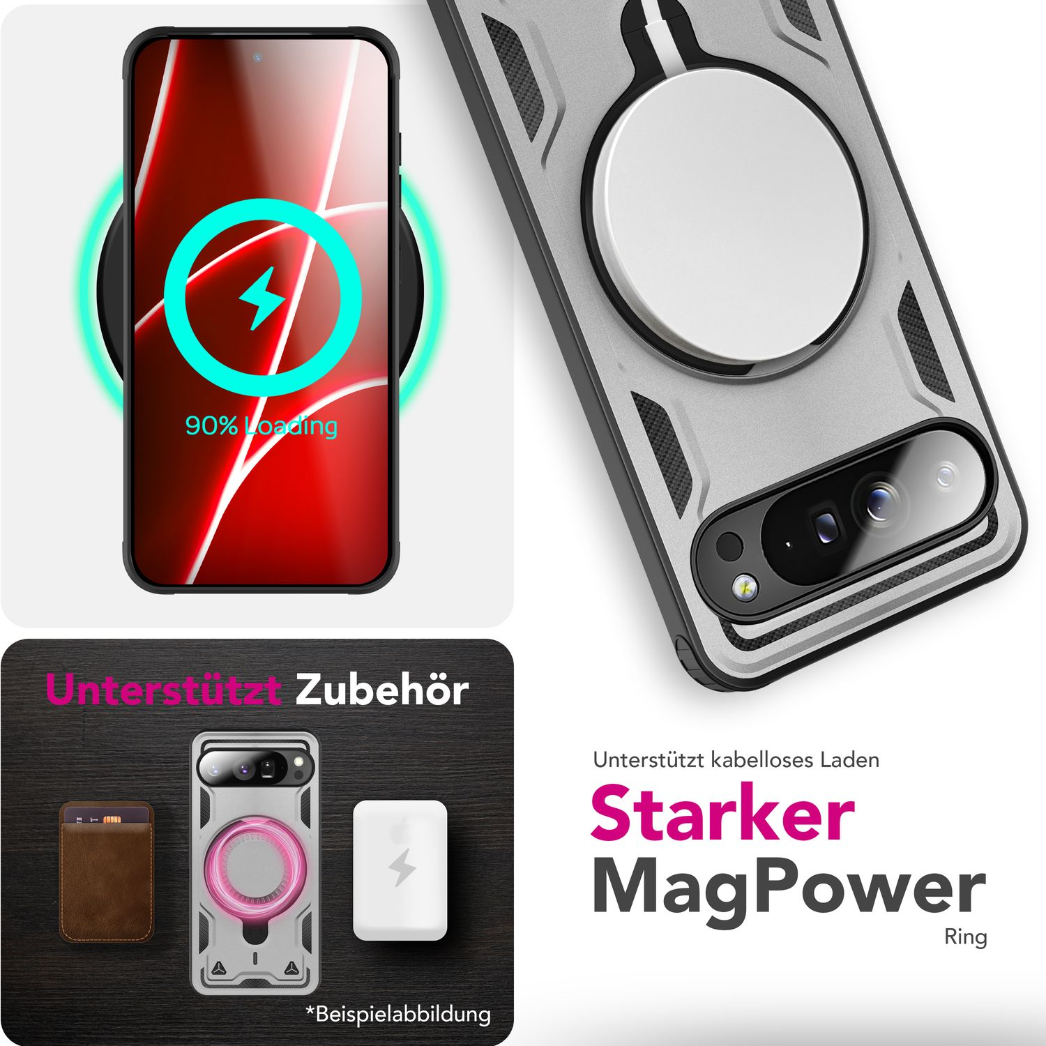 Un telefono in carica wireless, il display mostra il 90% di carica. Gli accessori includono una custodia con anello MagPower, un portafoglio e un caricatore.