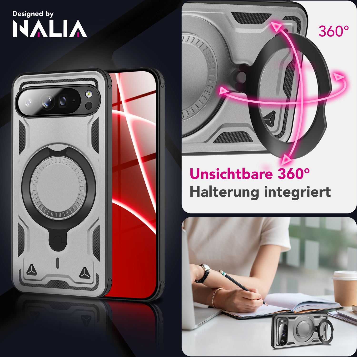 Custodia per telefono con anello rotante a 360°, argento e nero. Una persona scrive su carta con una matita. Una tazza di caffè è sul tavolo.