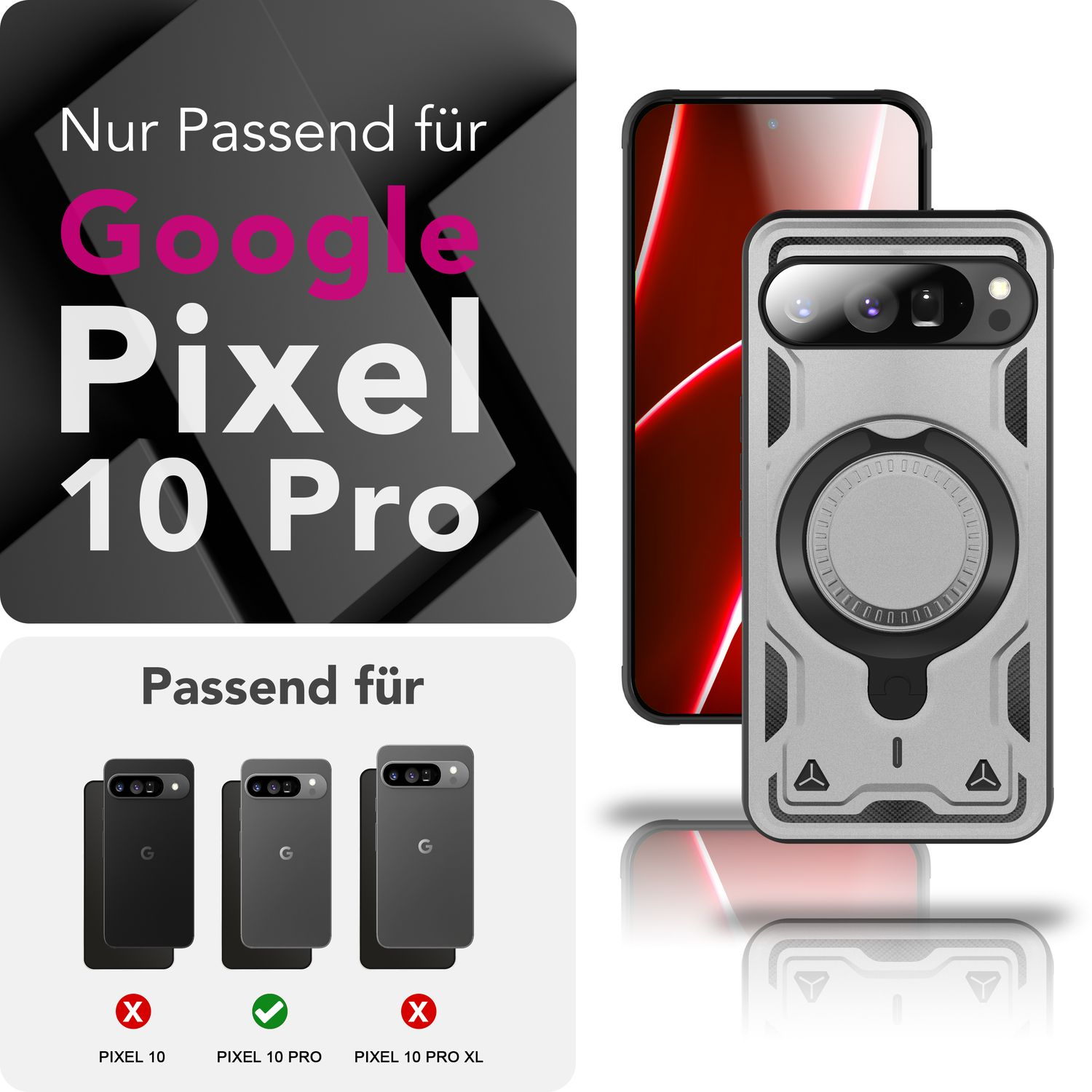 Sono mostrate una custodia per telefono e un telefono. Il testo dice 'Nur Passend für Google Pixel 10 Pro'. Sono visualizzati anche modelli di telefono.