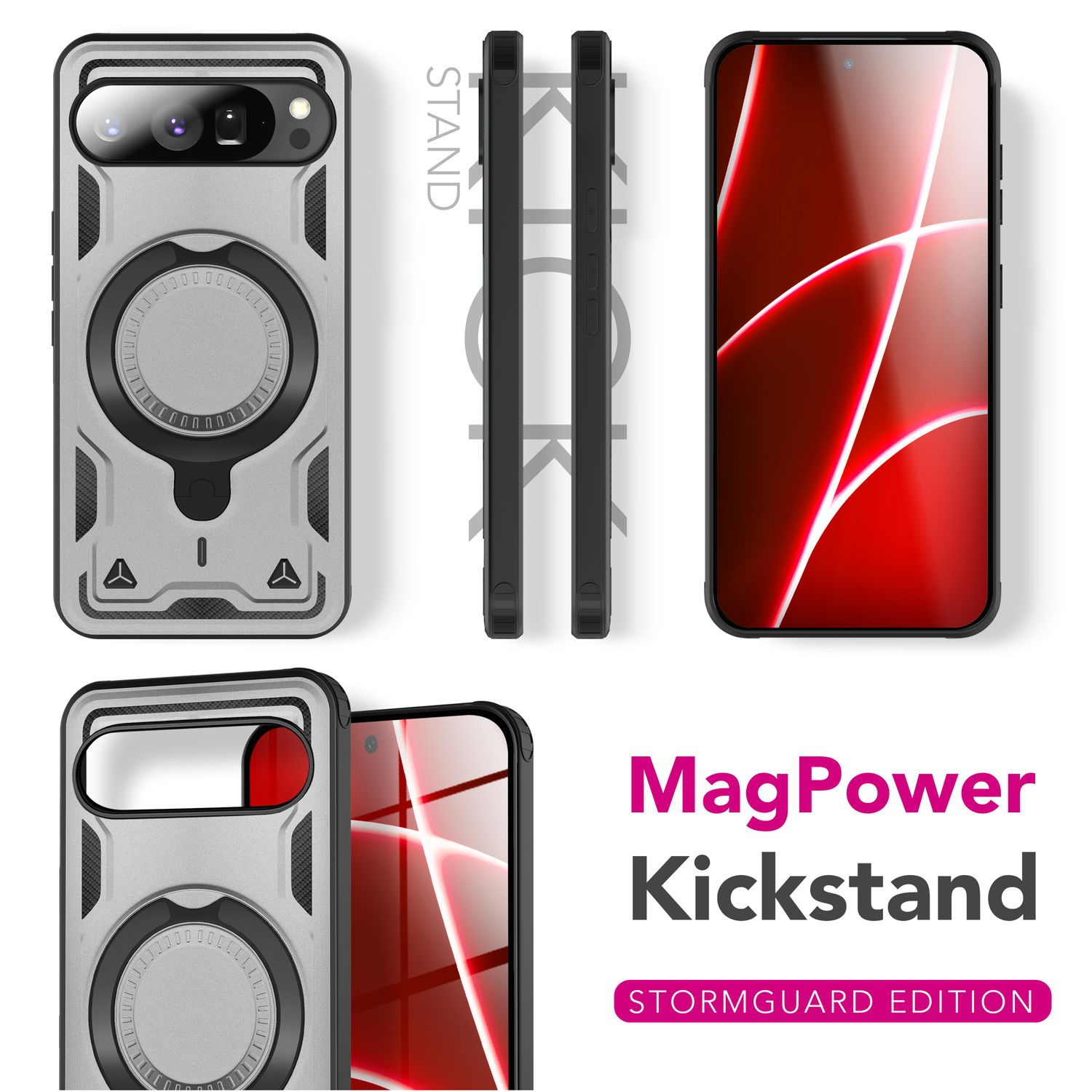 Una custodia per telefono con cavalletto, un telefono e le parole MagPower Kickstand con Stormguard Edition.