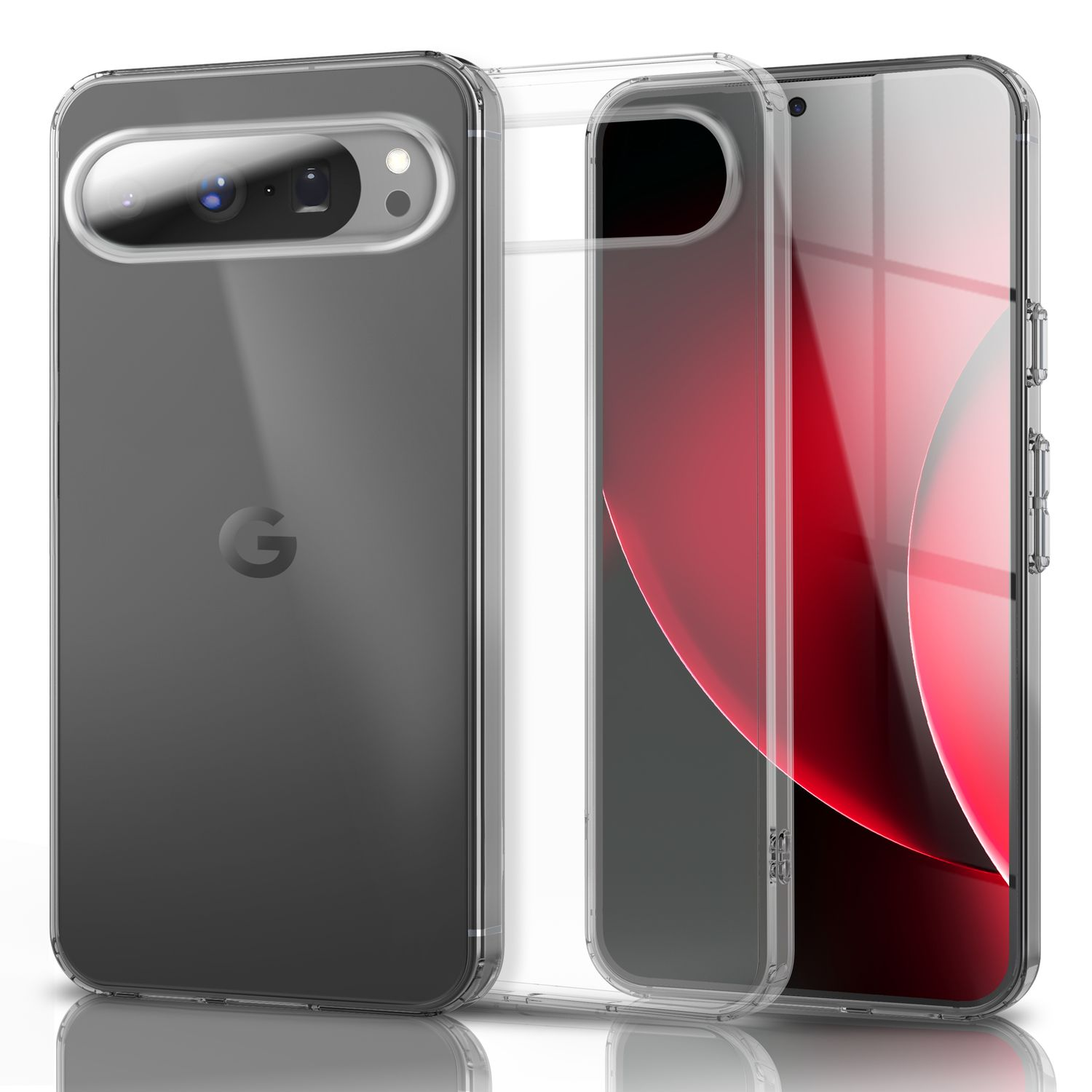 Ein Smartphone in einer transparenten Hülle. Das Telefon ist schwarz mit einem roten Farbverlauf auf dem Bildschirm. Die Hülle ist klar.