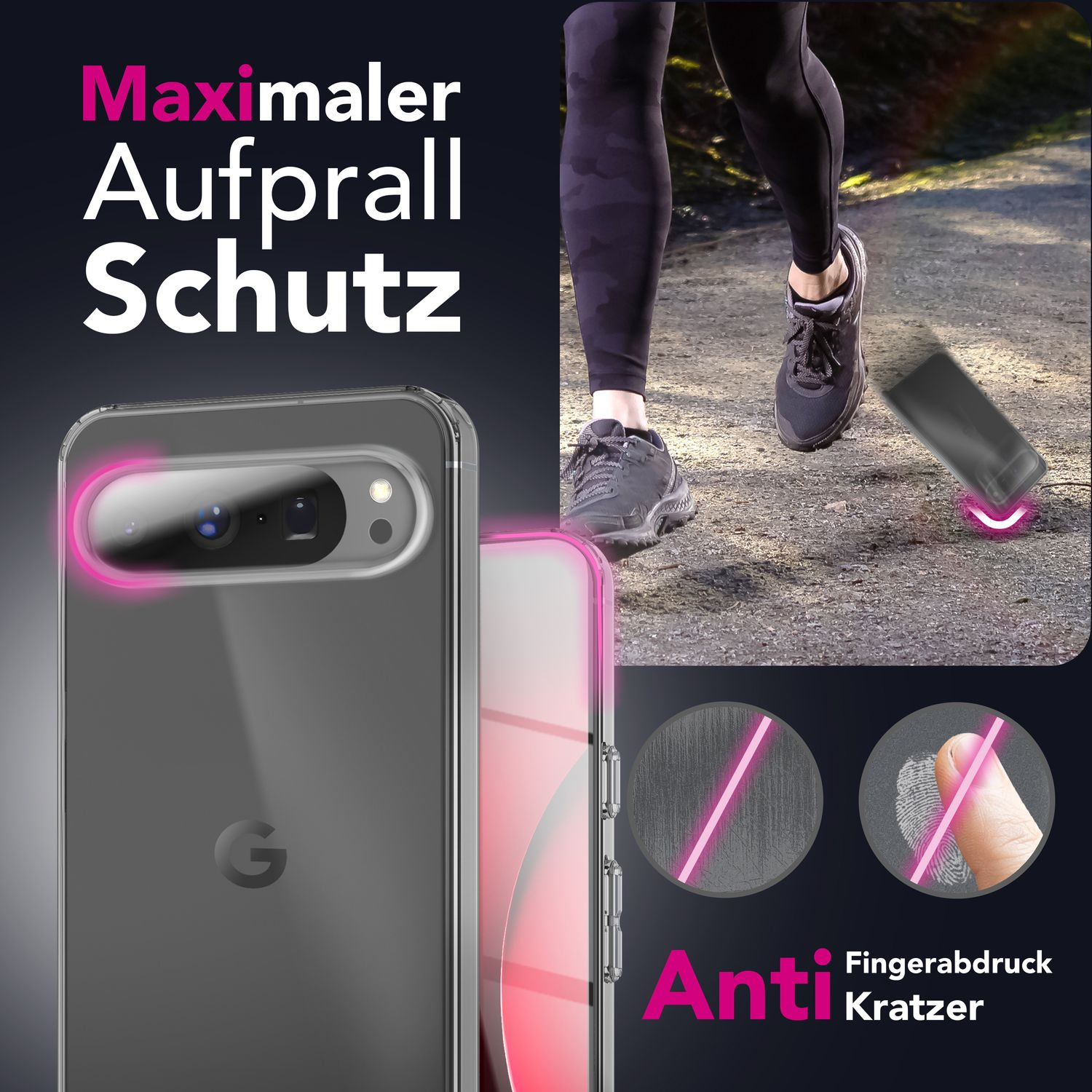 Das Bild zeigt eine laufende Person mit einer Handyhülle. Der Text hebt 'Maximaler Aufprall Schutz' und 'Anti Fingerabdruck Kratzer' hervor.