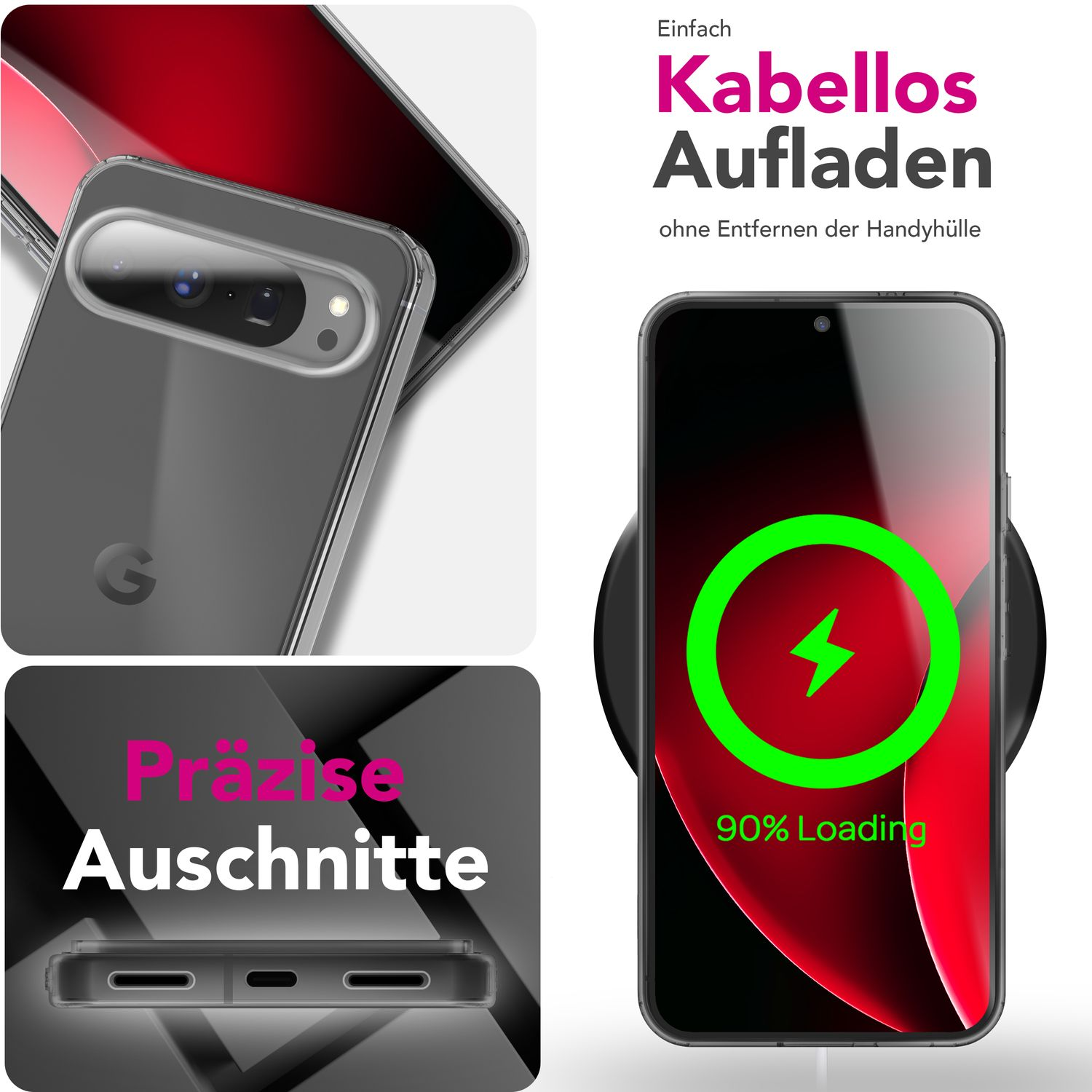 Smartphone auf kabellosem Ladegerät, 90 % Ladevorgang. Transparente Hülle, Telefon und Ladegerät sind sichtbar. Text: Kabellos Aufladen.
