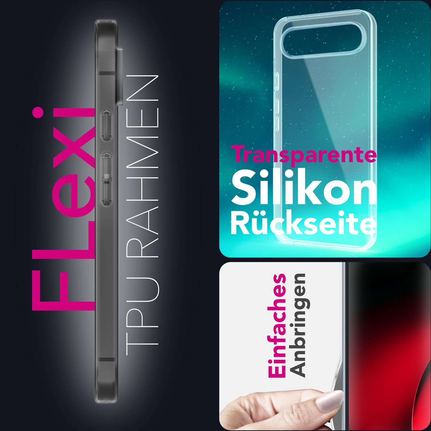 Das Bild zeigt eine Handyhülle mit den Worten 'Flexi' und 'TPU Rahmen'. Insets zeigen transparente Hülle und Hand mit Hülle und Text.