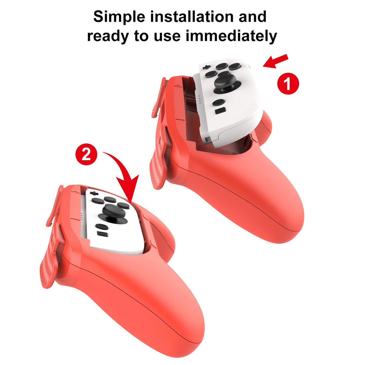 Dos empuñaduras rojas para mandos de juegos sostienen mandos de juegos blancos. Flechas y texto indican una fácil instalación.