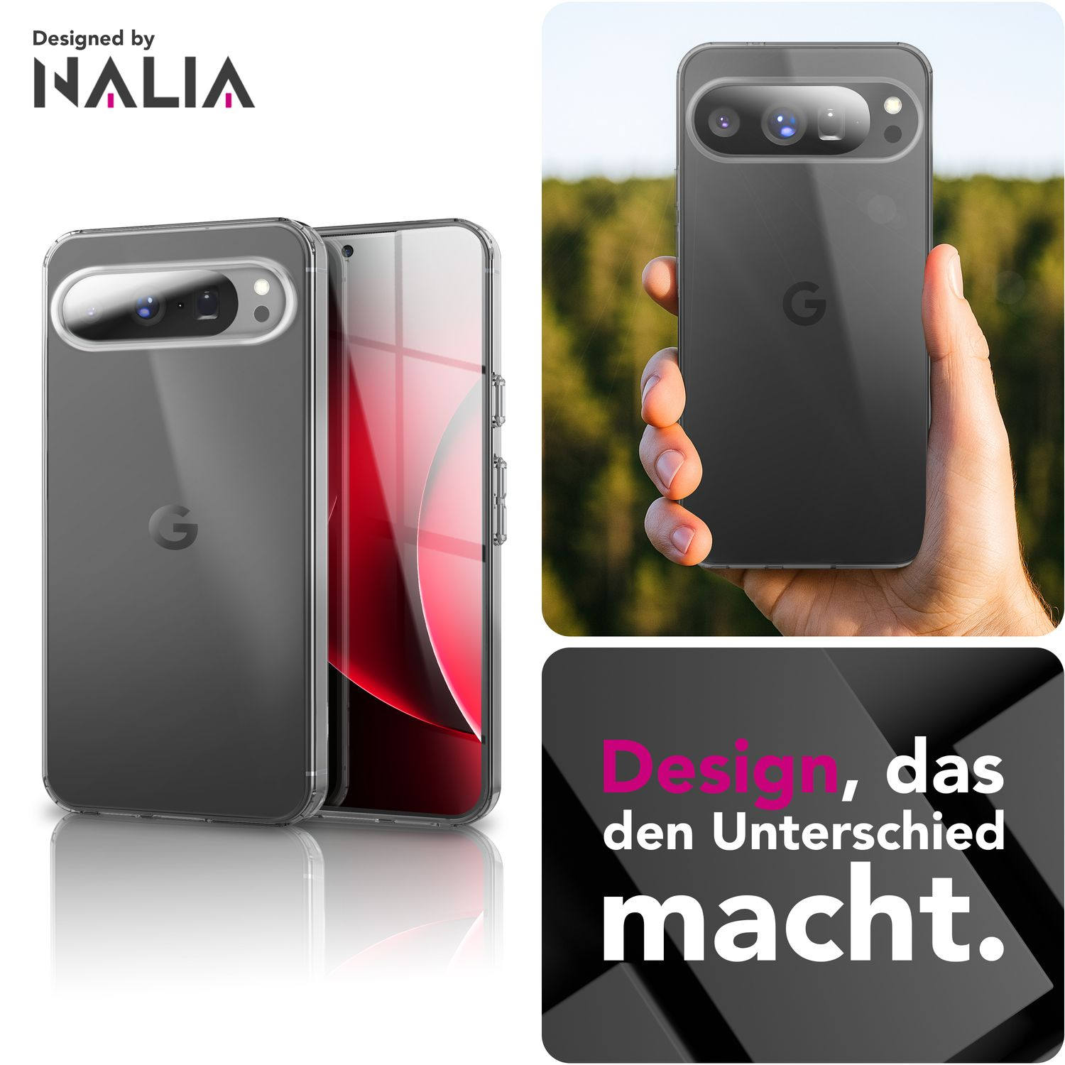 Gezeigt werden eine Handyhülle und ein Telefon. Eine Hand hält ein Telefon, und der Text lautet Design, das den Unterschied macht.