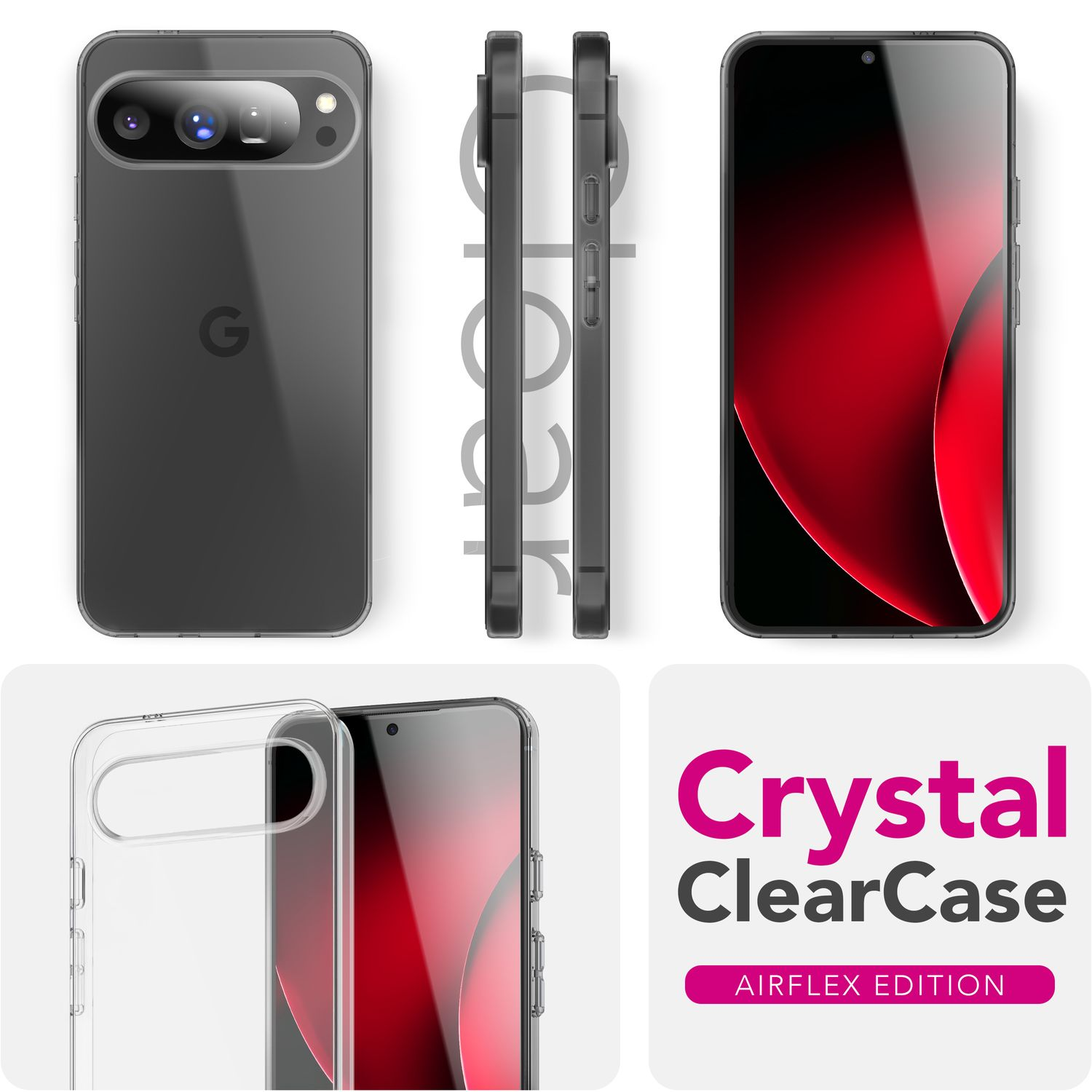 Ein Telefon in einer Hülle, Seitenansichten, Vorderansicht und Nahaufnahme. Enthält ein Logo 'Crystal ClearCase' und Text 'Airflex Edition'.