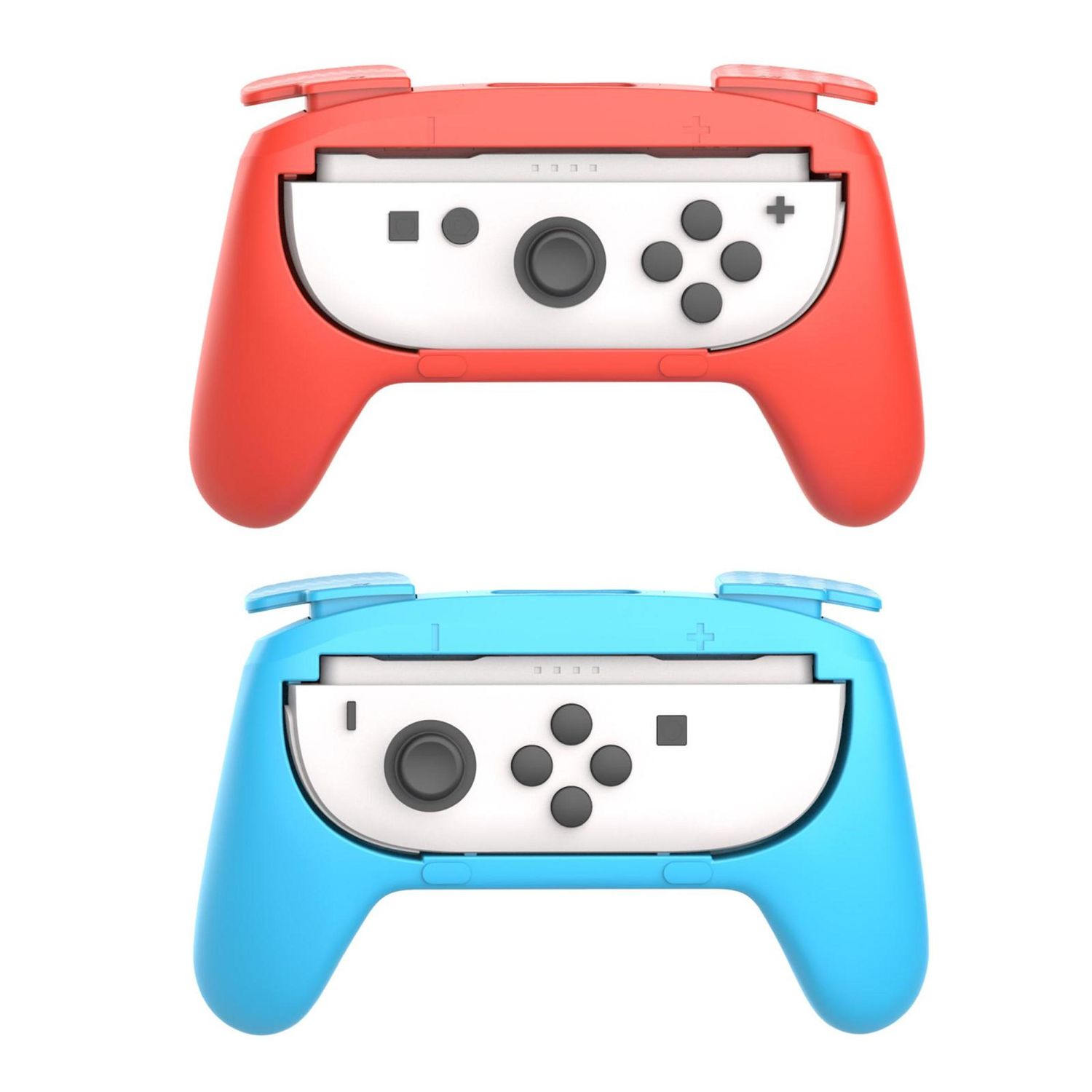 Dos mandos de juego, rojo y azul, uno al lado del otro. Cada uno tiene botones, un joystick y una sección central blanca.