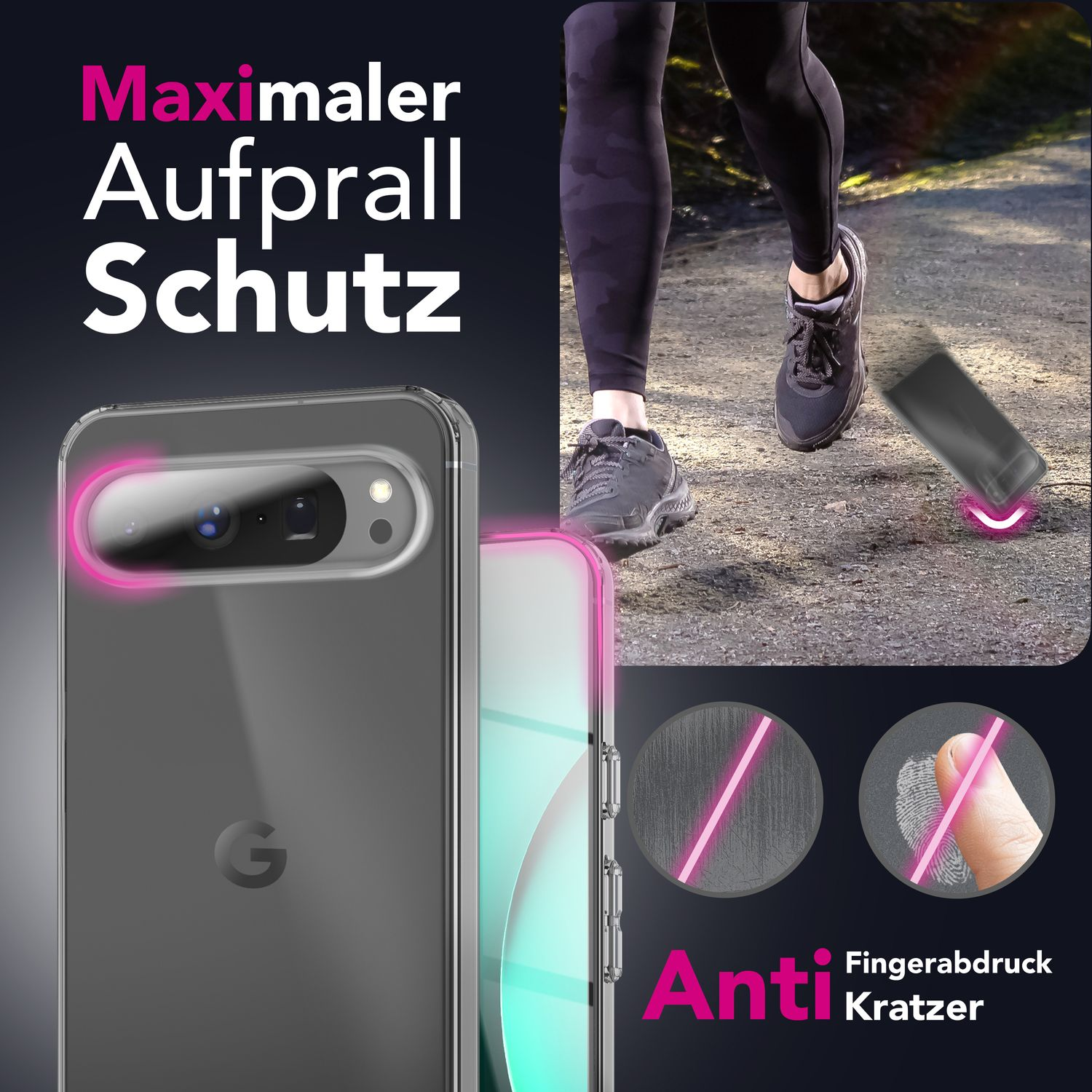 L'immagine mostra una custodia per telefono con un corridore. La custodia ha accenti rosa, il testo dice 'Maximaler Aufprall Schutz' e 'Anti Fingerabdruck Kratzer'.