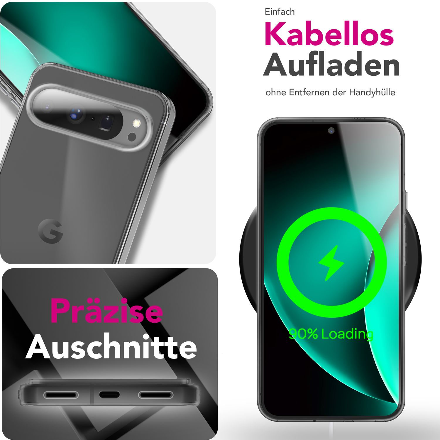 L'immagine mostra un telefono in carica wireless, una custodia e il testo 'Ricarica wireless'.