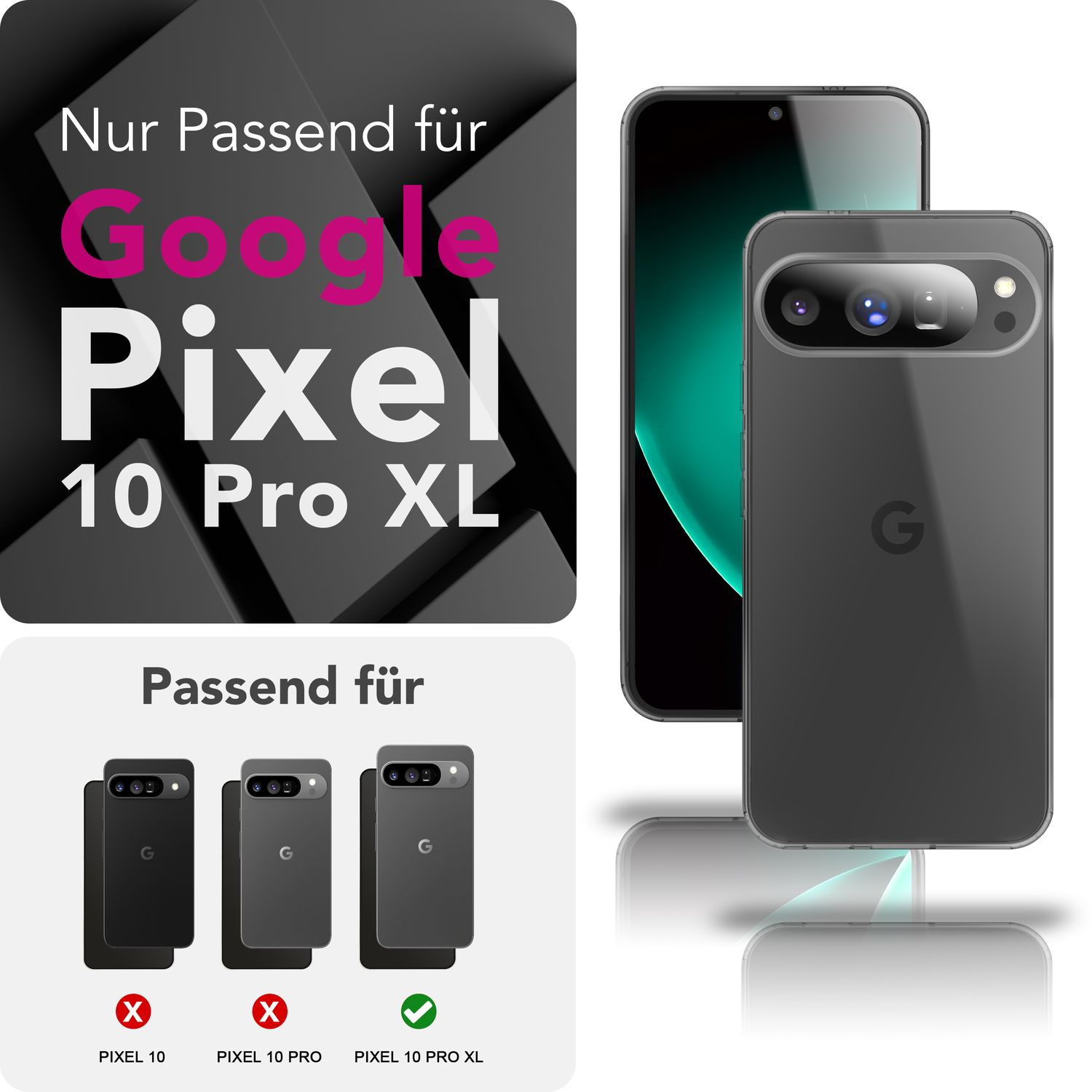 L'immagine mostra una custodia per Google Pixel 10 Pro XL. Vengono visualizzati telefoni e custodie. Il testo indica la compatibilità. Lo sfondo è astratto.