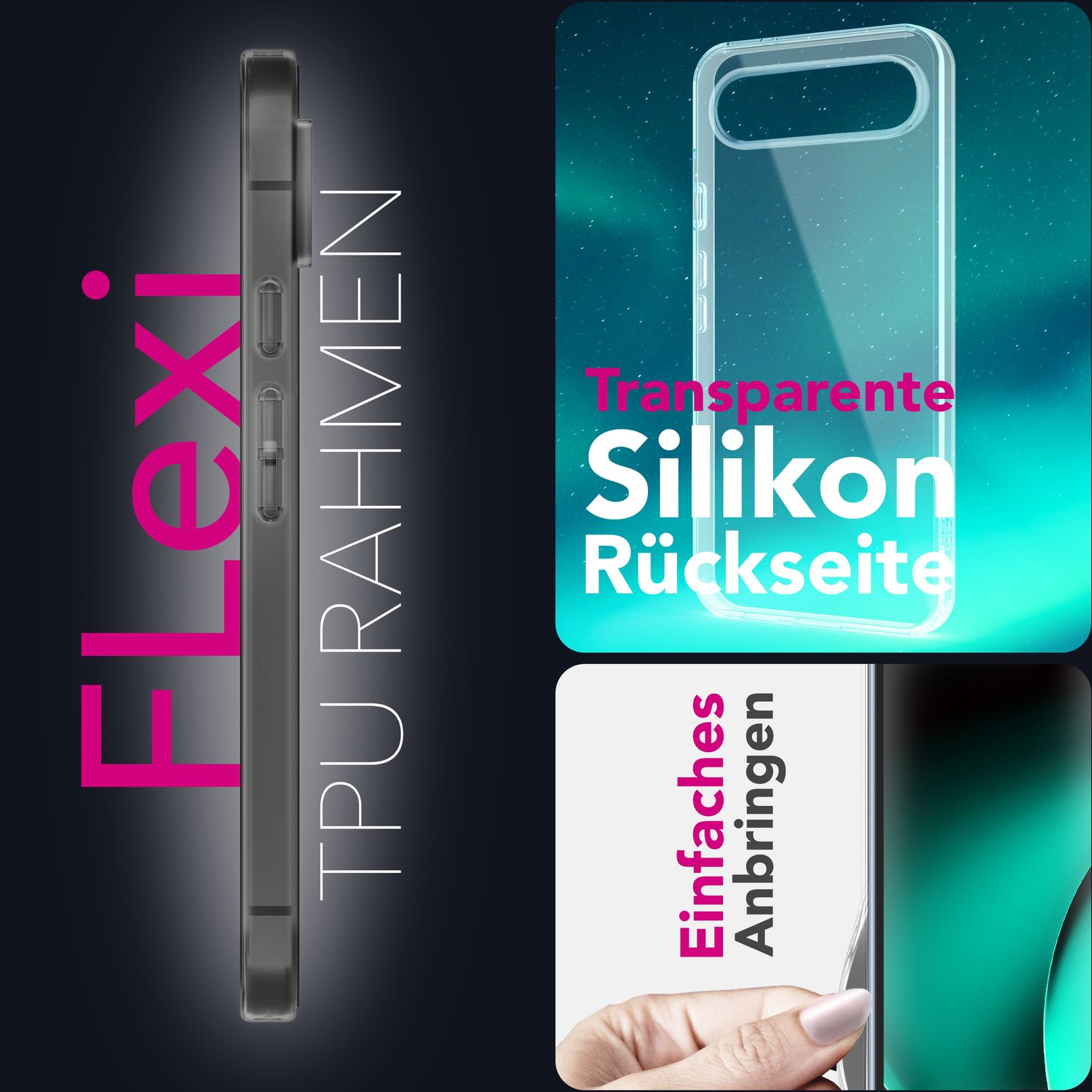 L'immagine mostra una custodia per telefono. Sovrapposizione di testo: Flexi, TPU Rahmen, Silicone trasparente Rückseite, Einfaches Anbringen. La custodia è trasparente.