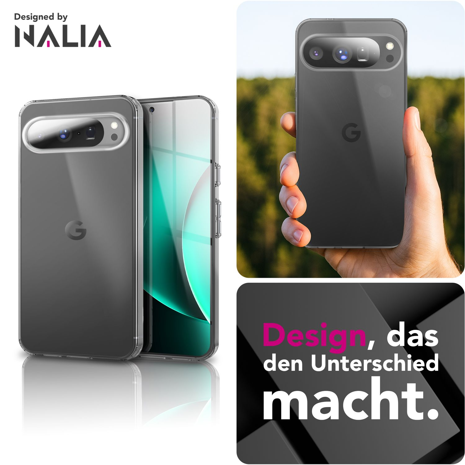 L'immagine mostra un telefono con una custodia trasparente, tenuto in mano. Lo sfondo è una foresta verde sfocata. Testo: Design, das den Unterschied macht.