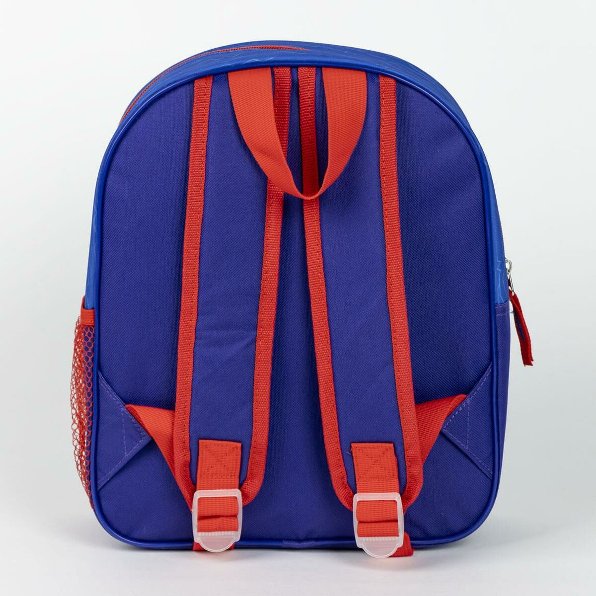 Blauer Rucksack mit roten Trägern und Akzenten. Mit einer Seitentasche aus Mesh und weißen Kunststoffschnallen.