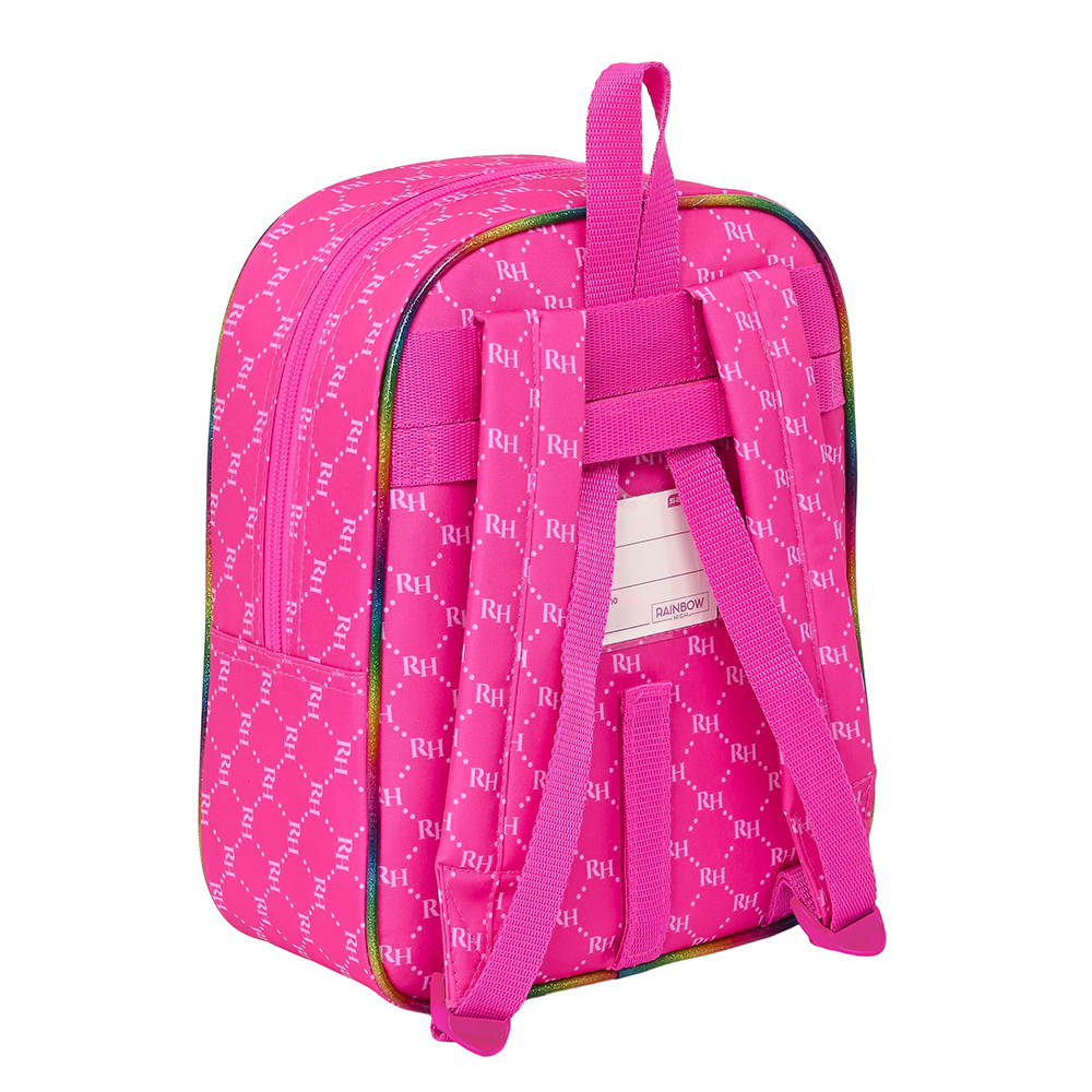 Rosa Rucksack mit RH-Muster, Rainbow-Logo und Trägern. Er hat einen Reißverschluss und einen Griff. Der Hintergrund ist weiß.