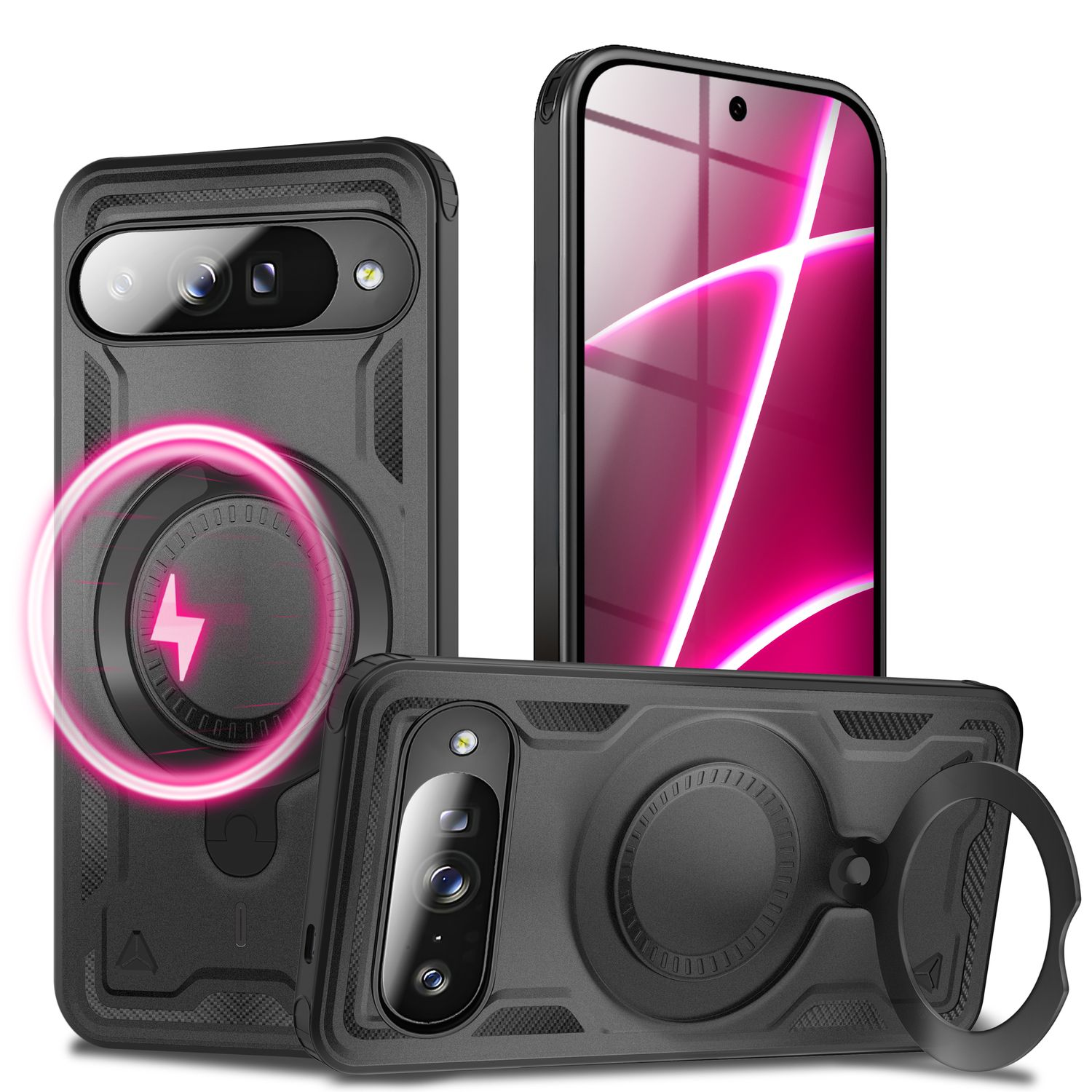 Drei schwarze Handyhüllen mit einem Telefon. Eine Hülle hat ein Ladesymbol, eine hat einen Ringständer, und eine zeigt einen pinken Bildschirm.