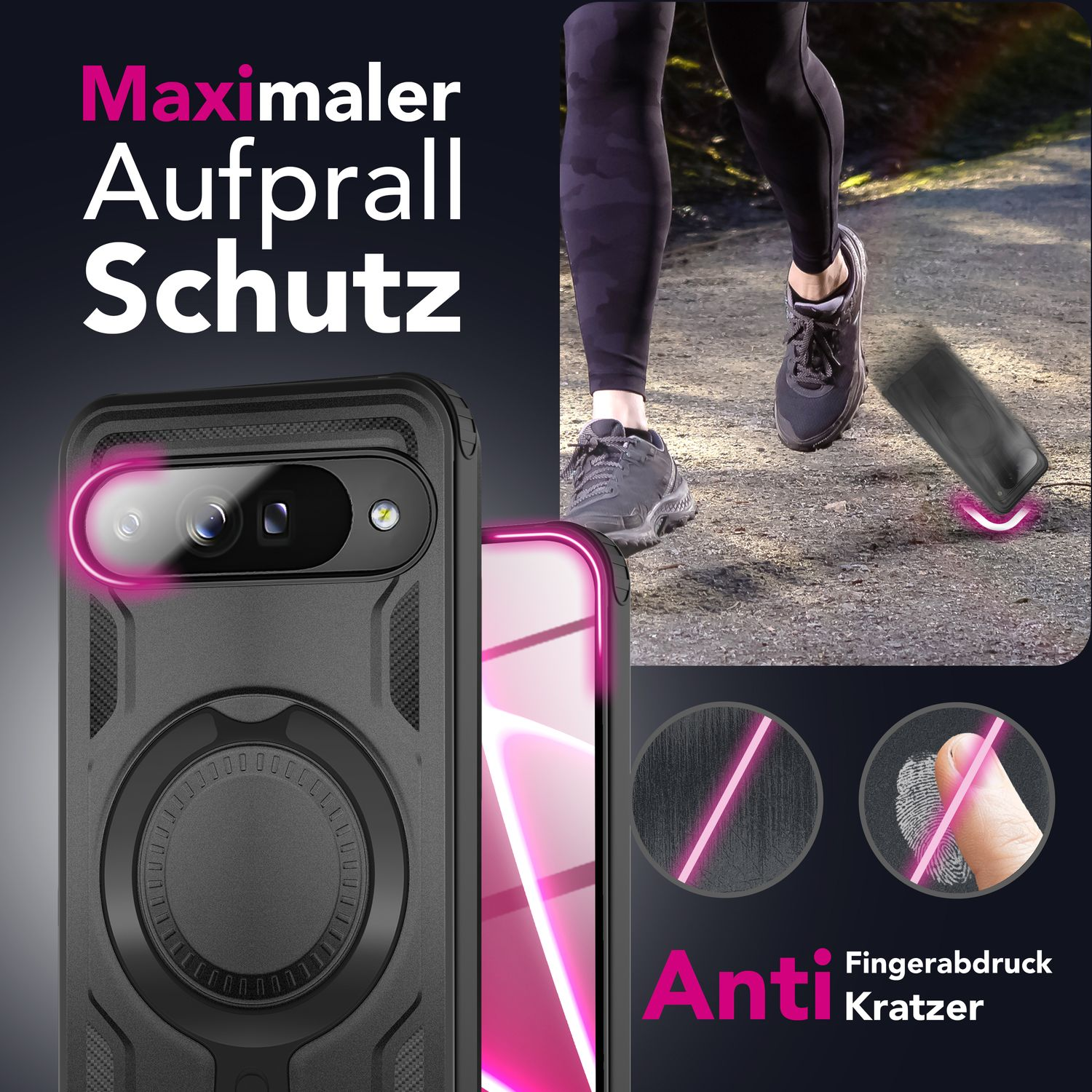 Eine Handyhülle mit einer laufenden Person rechts. Die Hülle ist schwarz, und der Text "Maximaler Aufprall Schutz" ist sichtbar.