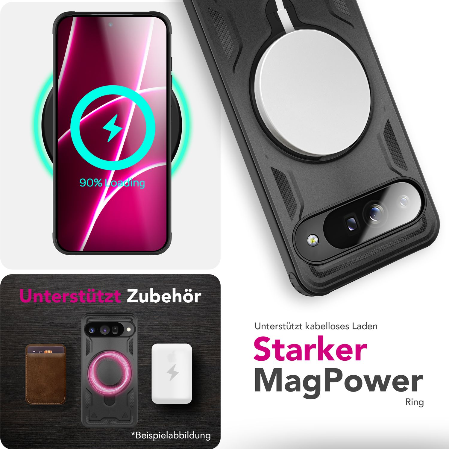 Telefon, das auf einem kabellosen Ladegerät geladen wird, zeigt 90 % Ladung an. MagPower-Ring-Hülle mit MagSafe. Zubehör: Kartenhalter, Handyhülle, Ladegerät.