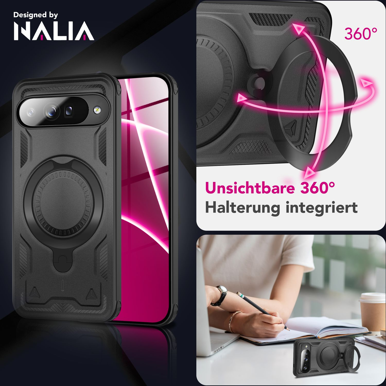 Schwarze Handyhülle mit 360-Grad-Drehring, Handybildschirm und Person, die am Schreibtisch schreibt.