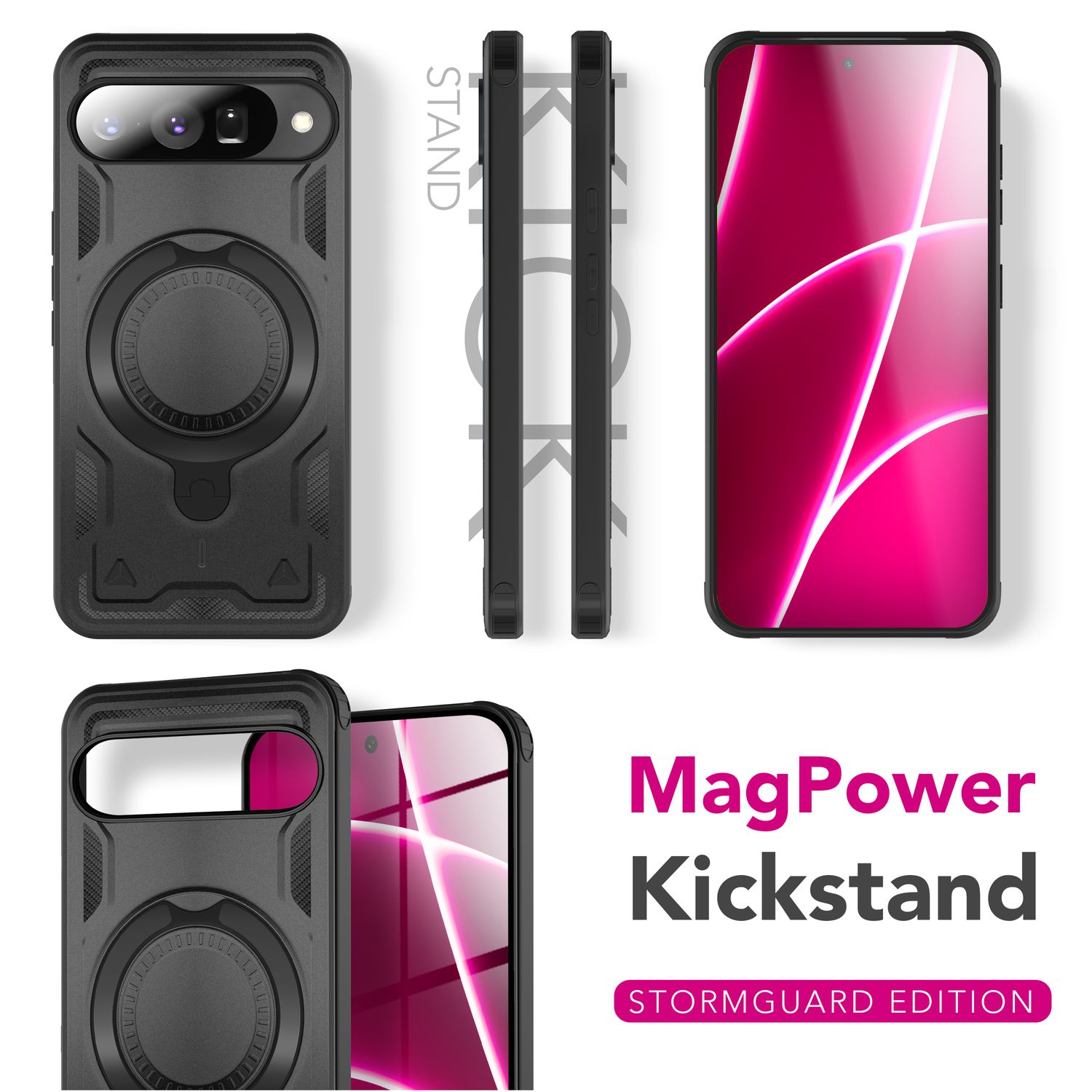 Schwarze Handyhülle mit Ständer und ein Telefon mit pinkfarbenem Farbverlauf. Der Text lautet 'MagPower Kickstand'.